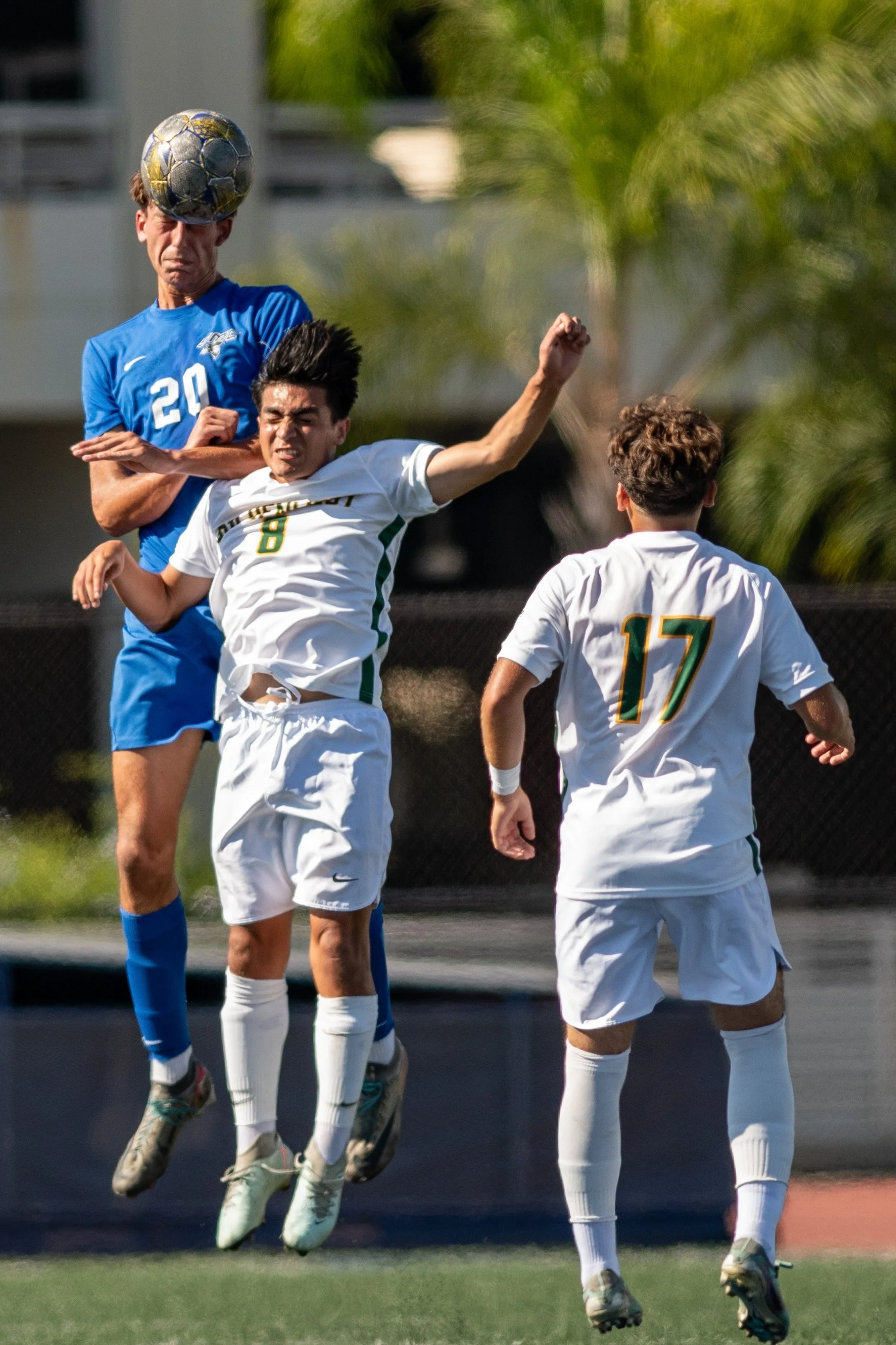 Santa Monica College (SMC) Corsair midfielder (20) Leo Blanchet header between 2 Golden West Rustlers defenders on Tuesday, September 16, 2025, Santa Monica,Calif. The Corsairs won 4-1. (Tom Rosholt | The Corsair)
