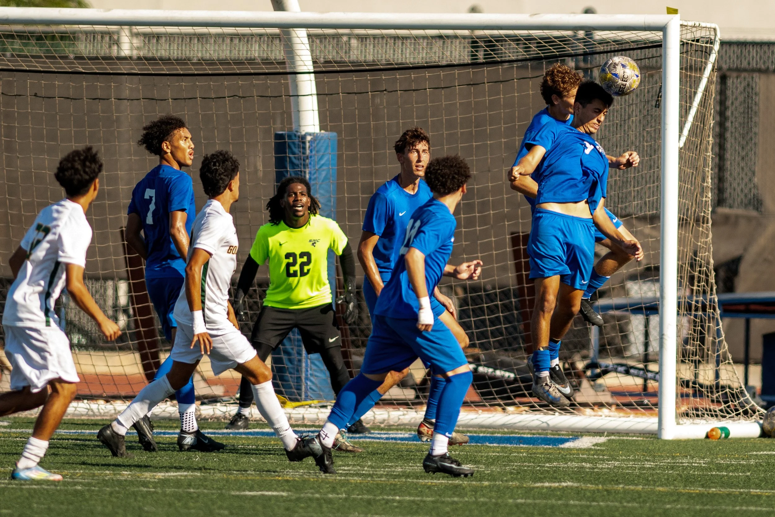 Santa Monica College (SMC) Corsair player defender blocks goal shot on Tuesday, September 16, 2025, Santa Monica,Calif. The Corsairs won 4-1. (Tom Rosholt | The Corsair)