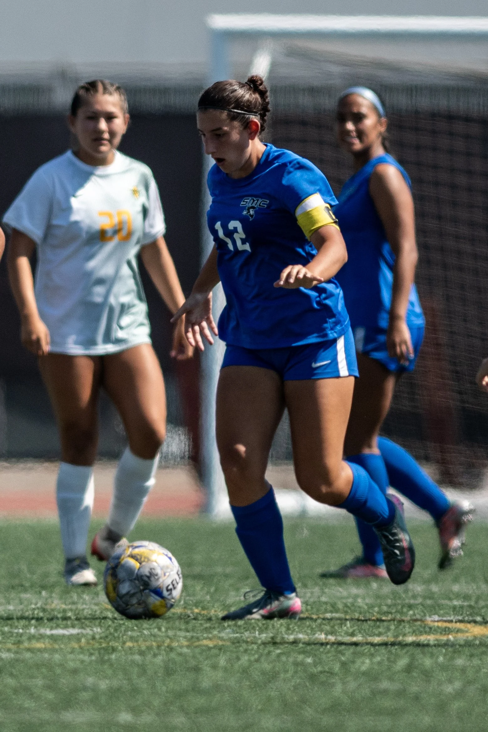 Santa Monica College (SMC) Corsair midfielder (12) Alysa Bagdasaryn dribbling through Golden West Rustlers defense on Tuesday, September 16, 2025, Santa Monica,Calif. (Tom Rosholt | The Corsair)