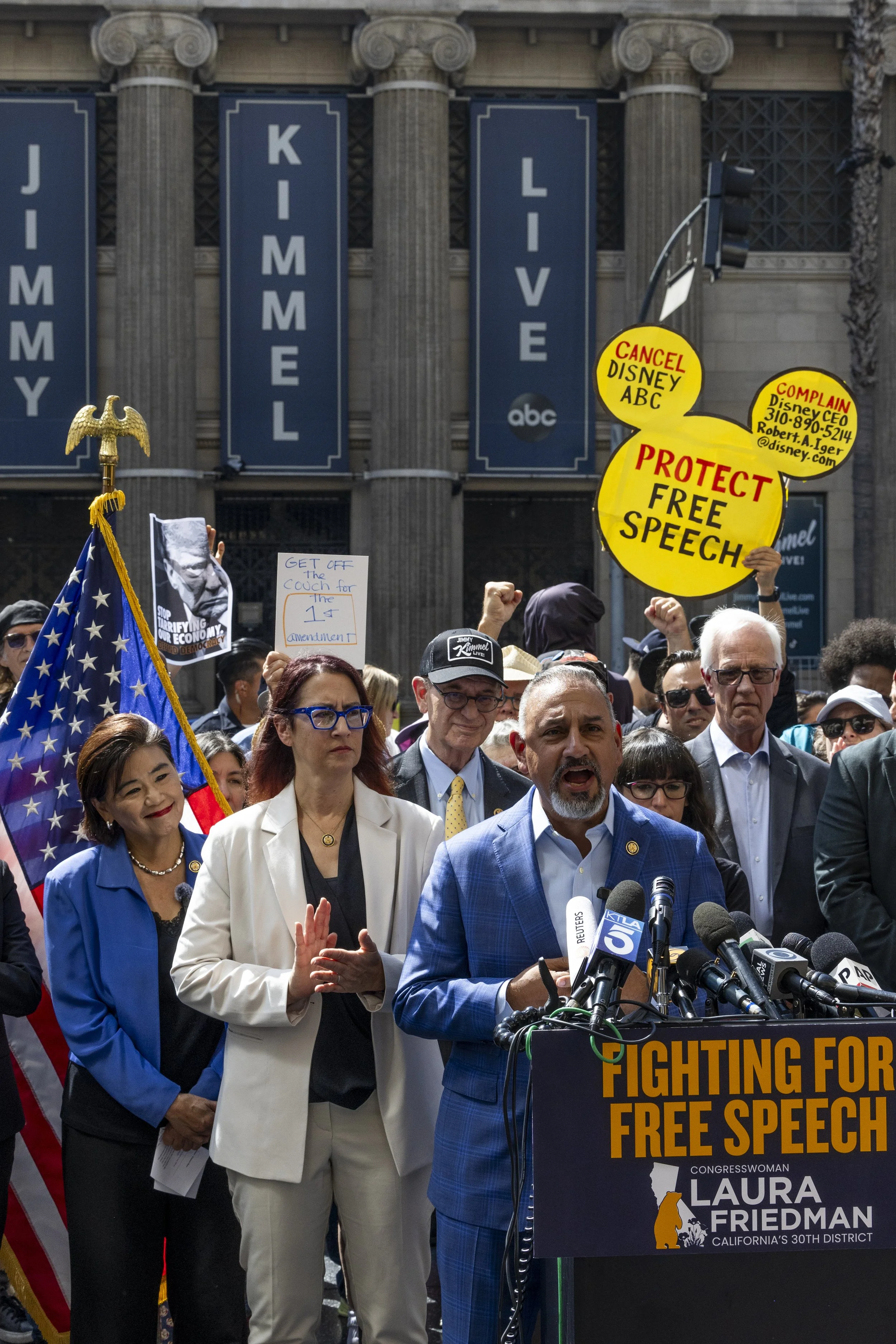 Gil Cisneros, a California Democratic member of the House of Representatives, speaks at a press conference hosted by local politicians and entertainment guilds to condemn political censorship in the wake of Jimmy Kimmel’s suspension in Hollywood, on