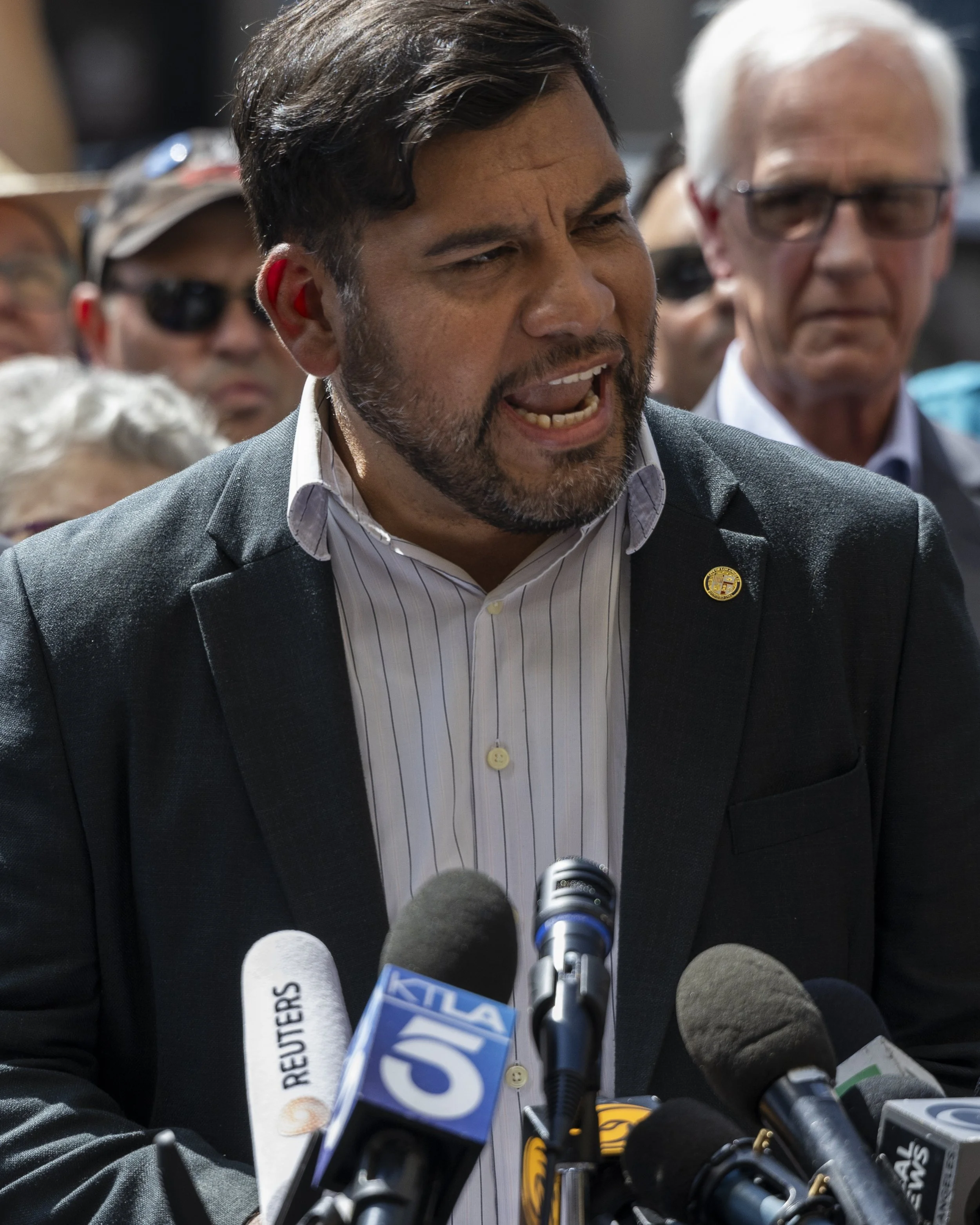 Los Angeles councilmember Hugo Soto-Martinez speaks at a press conference hosted by local politicians and entertainment guilds to condemn political censorship in the wake of Jimmy Kimmel’s suspension in Hollywood, on Monday, Sept. 22, 2025.(Jake Cra