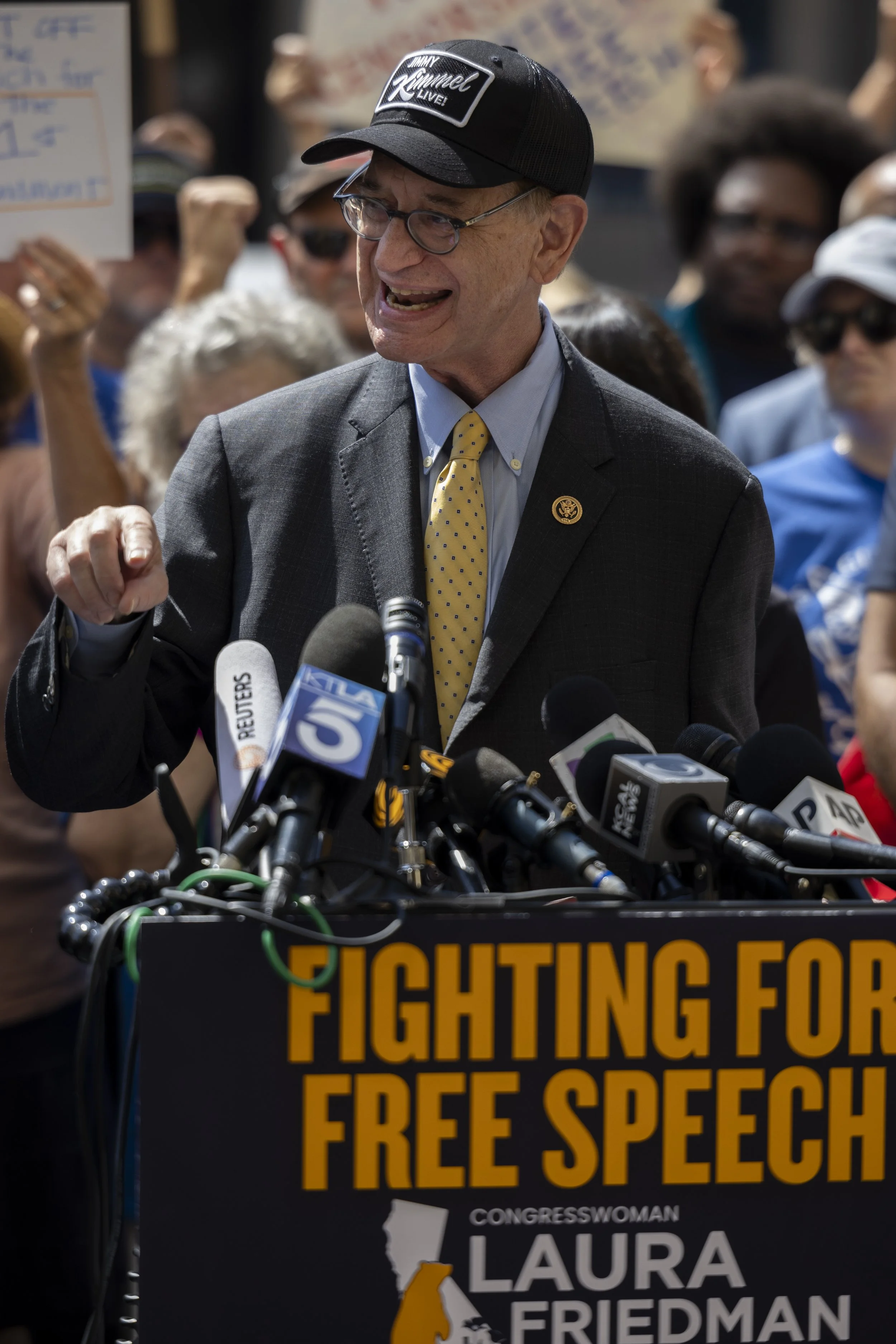 Brad Sherman, a California Democratic member of the House of Representatives, speaks at a press conference hosted by local politicians and entertainment guilds to condemn political censorship in the wake of Jimmy Kimmel’s suspension in Hollywood, on