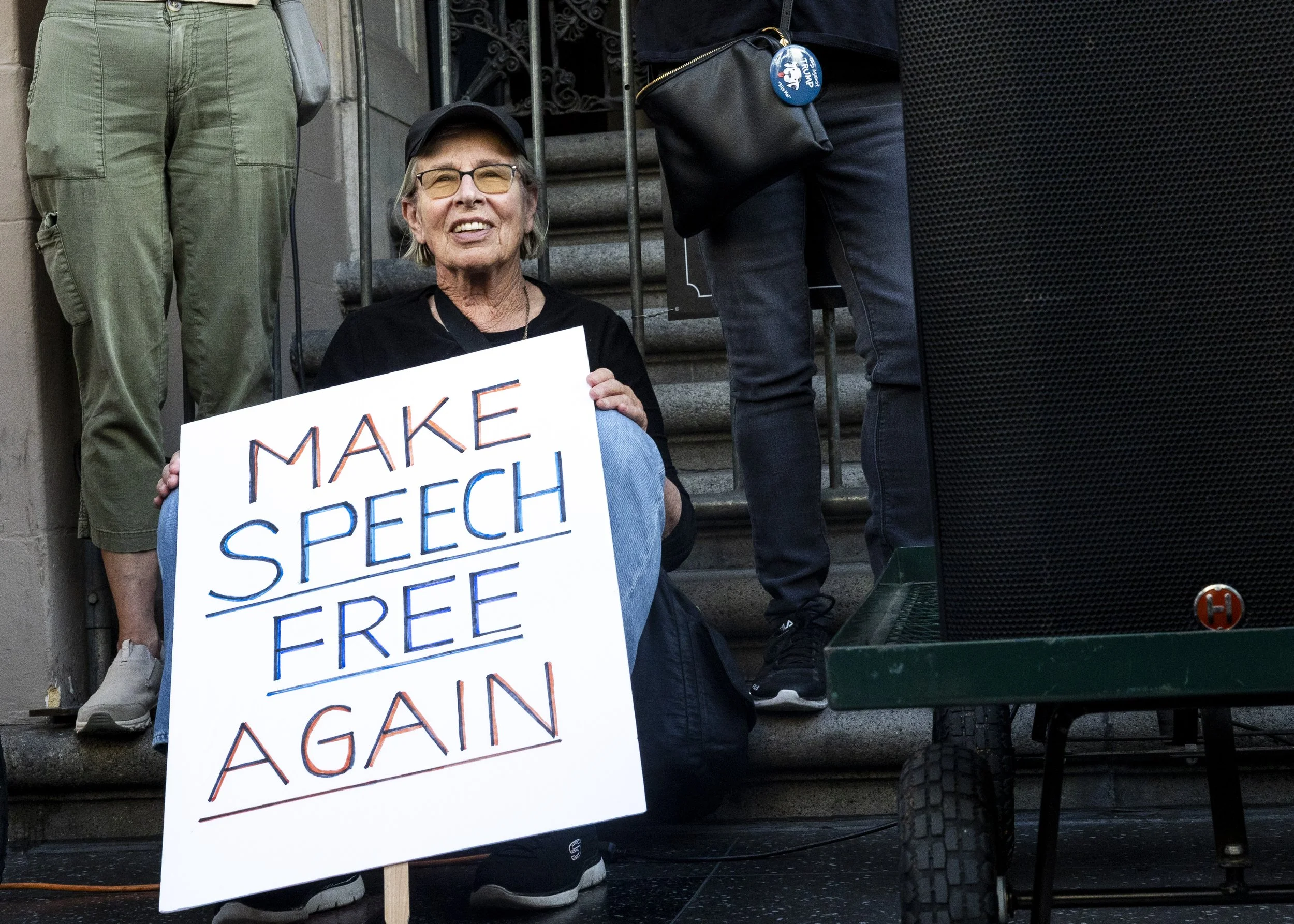 A protester held a sign outside El Capitan Entertainment Centre in Hollywood, Calif., on Thursday, Sept. 18, to protest the cancellation of Jimmy Kimmel’s late-night talk show, “Jimmy Kimmel Live,” after ABC indefinitely suspended the show following