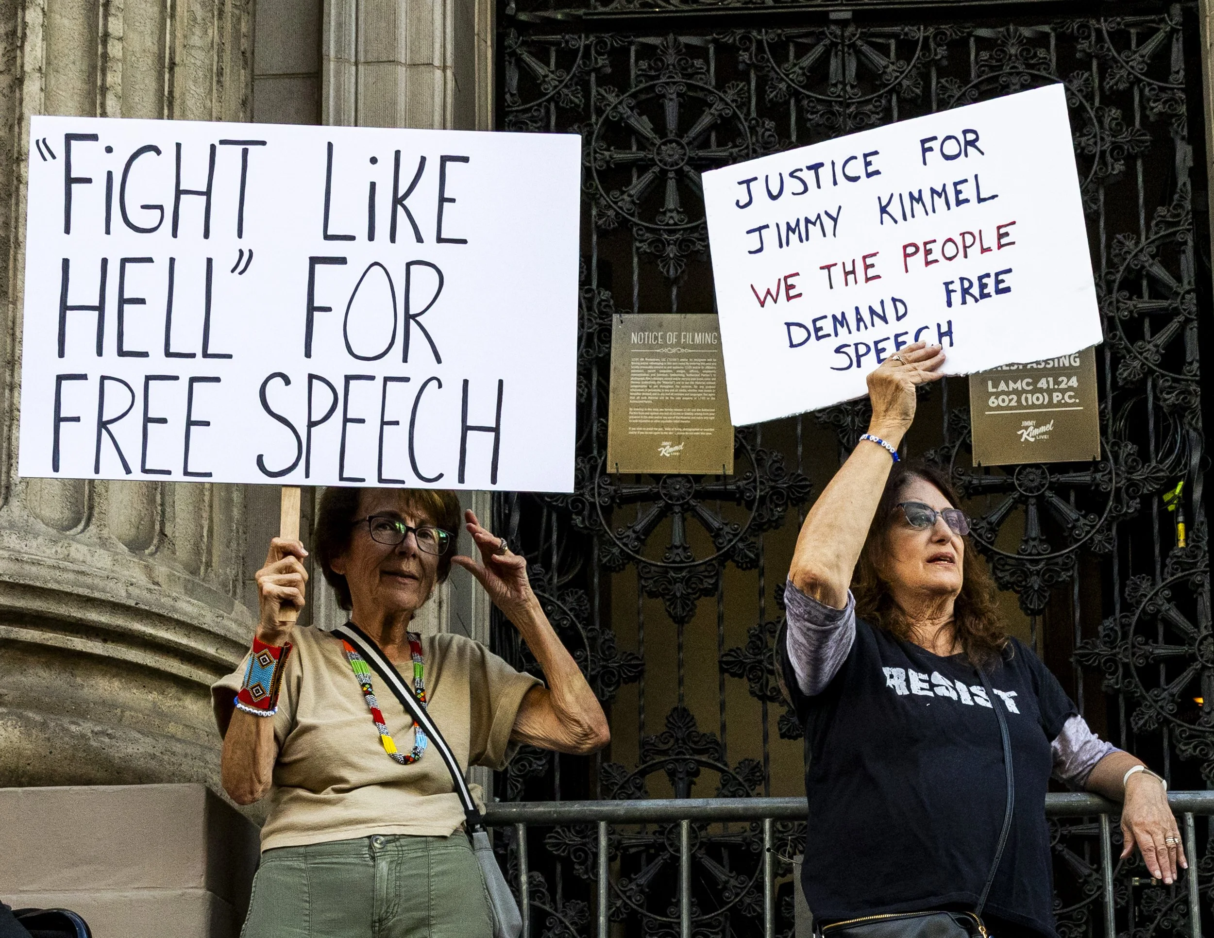 People gathered outside El Capitan Entertainment Centre in Hollywood, Calif., on Thursday, Sept. 18, to protest the cancellation of Jimmy Kimmel’s late-night talk show, “Jimmy Kimmel Live,” after ABC indefinitely suspended the show following comment