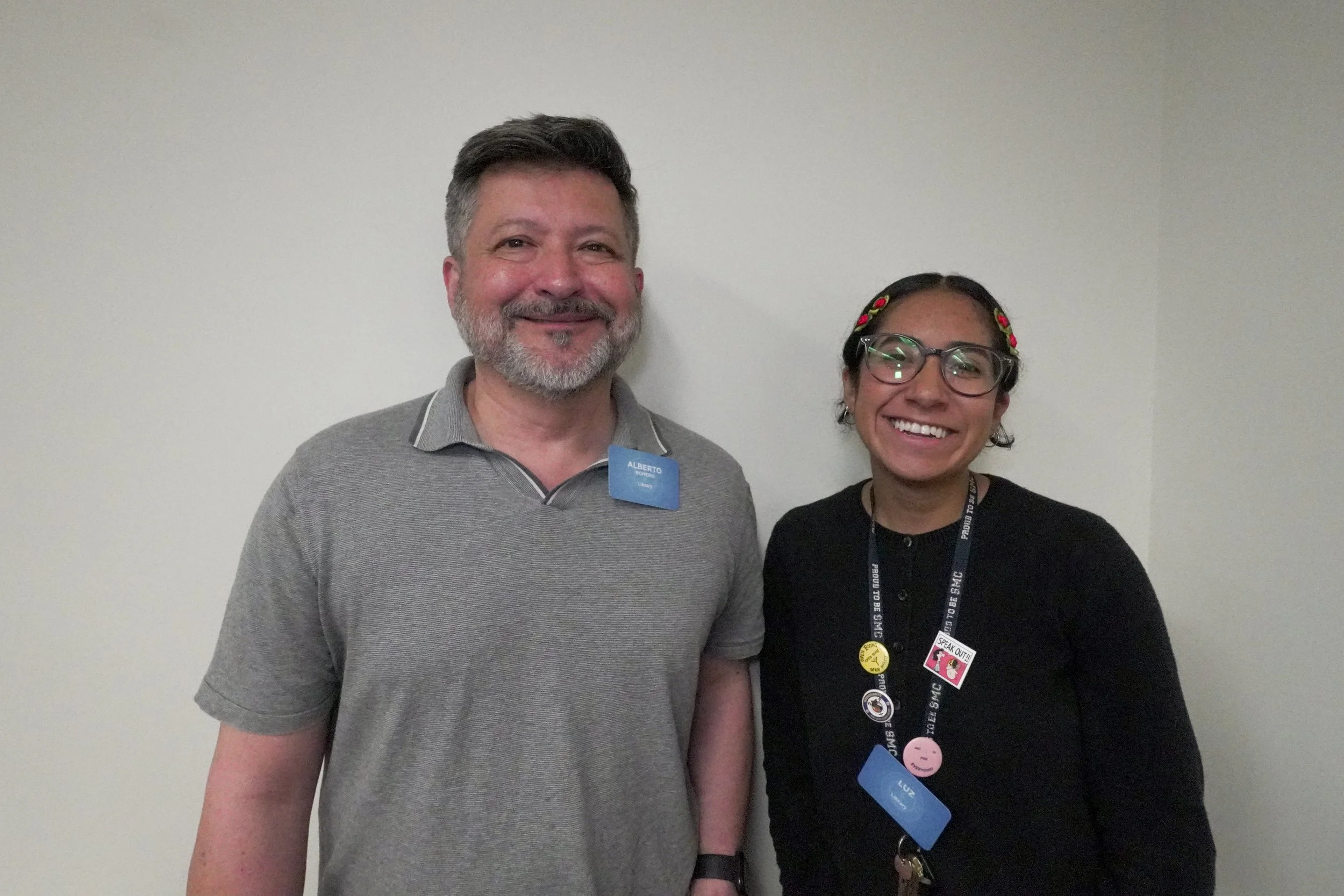 Santa Monica College (SMC) librarians Alberto Romero (left) and Luz Badillo (right) hangout at the Coffee with Librarians event on Thursday, Sept. 19, 2025 at SMC, in Santa Monica, Calif. The event enabled librarians to meet new students and provide