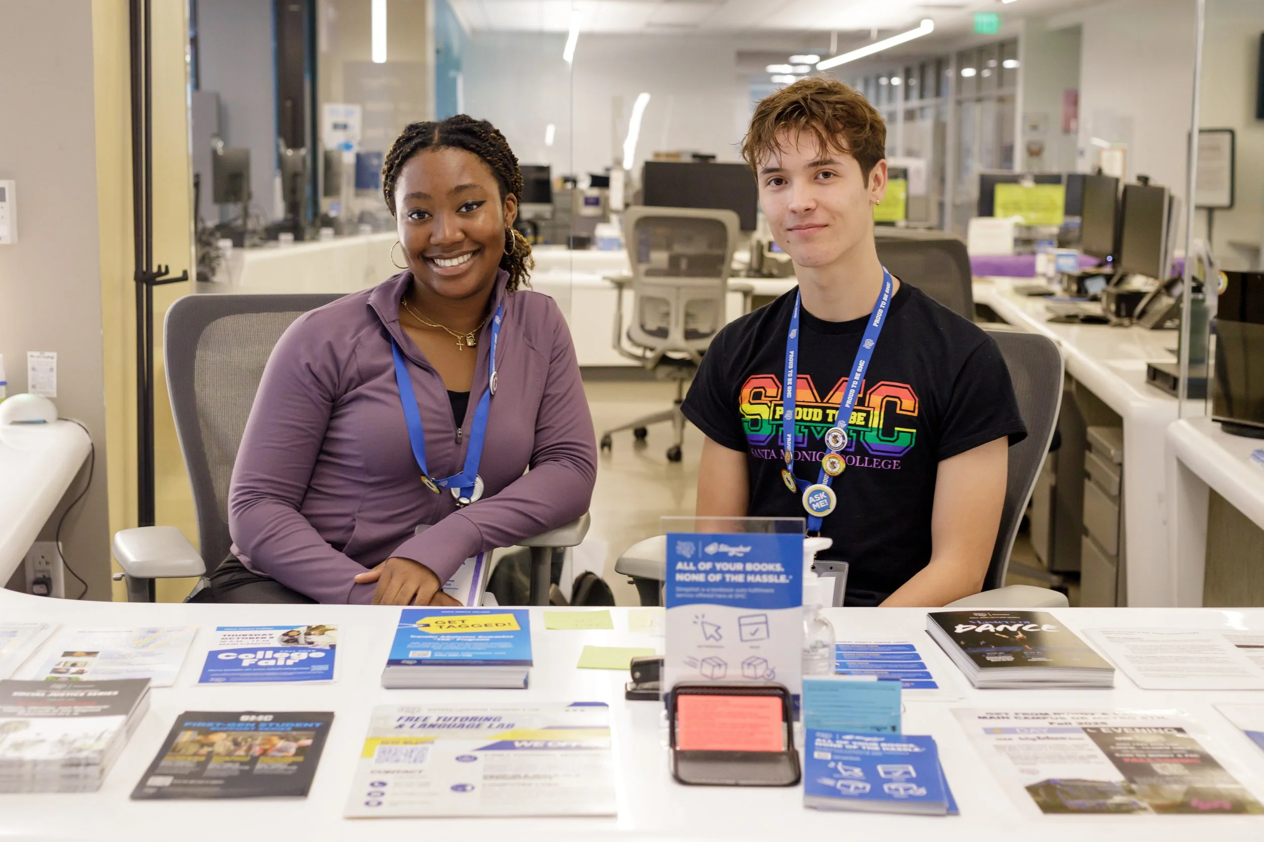 Student ambassadors (L to R) Chidinma Nook and Guilherme Rosa at Santa Monica College (SMC) Welcome Center on Thursday Sept. 25, 2025 in Santa Monica, Calif. In one week, SMC will hold a career fair on the main quad for students to explore job prosp