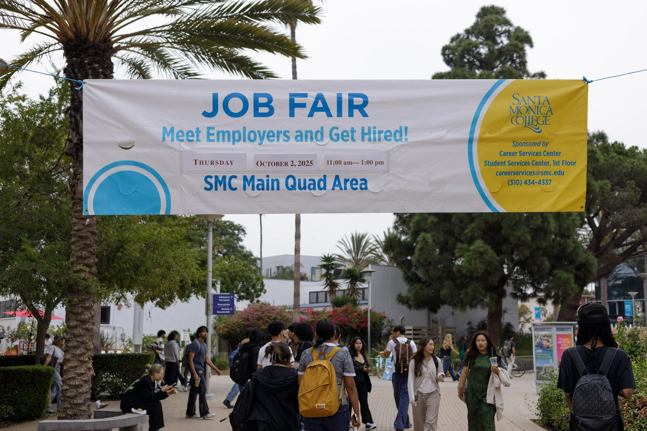 A banner for Santa Monica College Career Services' upcoming Job Fair at the main quad on Thursday Sept. 25, 2025 in Santa Monica, Calif. (Elizabeth Bacher | The Corsair)