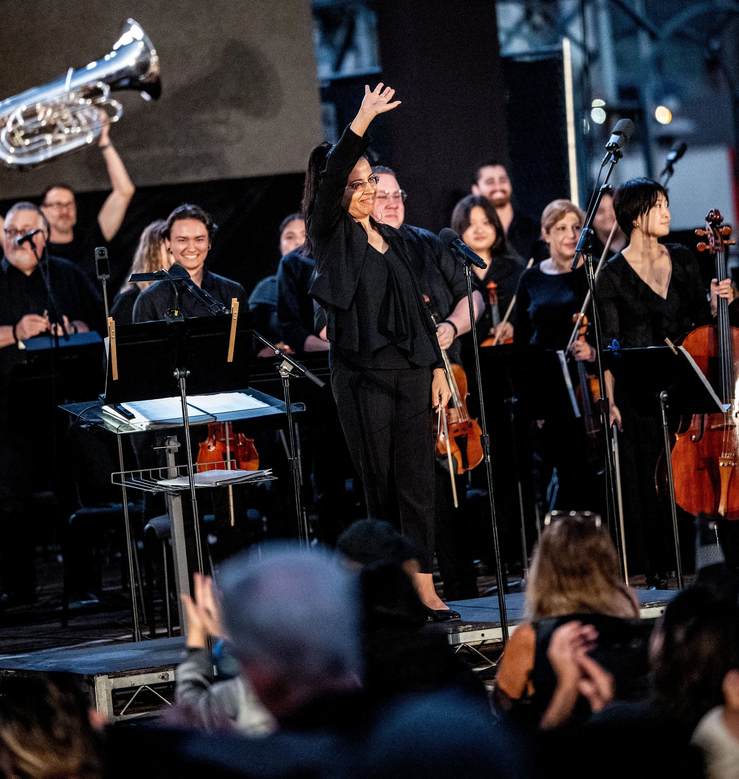 Santa Monica College (SMC) Symphony Conductor Mercedes Juan Musottoon waving to audience after their performance prior to West Side Story on Saturday, September 27, 2025, Santa Monica,Calif. (Tom Rosholt | The Corsair)