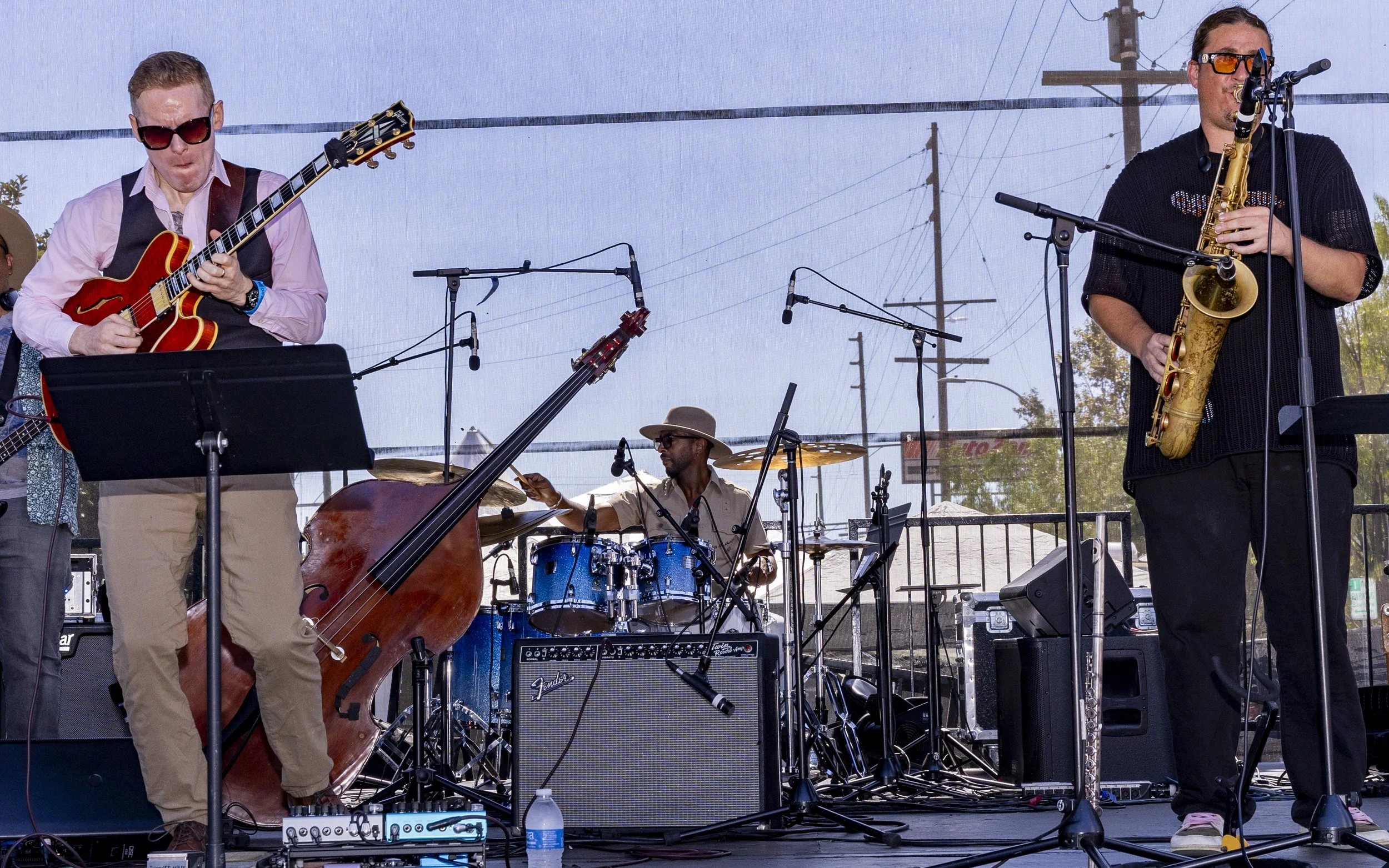 Michael Day (Left), Brian Collier (Center) and Ian Roller (Right) performed at the 2025 Central Avenue Jazz Festival in South Los Angeles, Calif., on Saturday, Sept. 20, 2025, during the Kenneth Crouch plays Quincy and Sly set. (Kayjel J. Mairena |