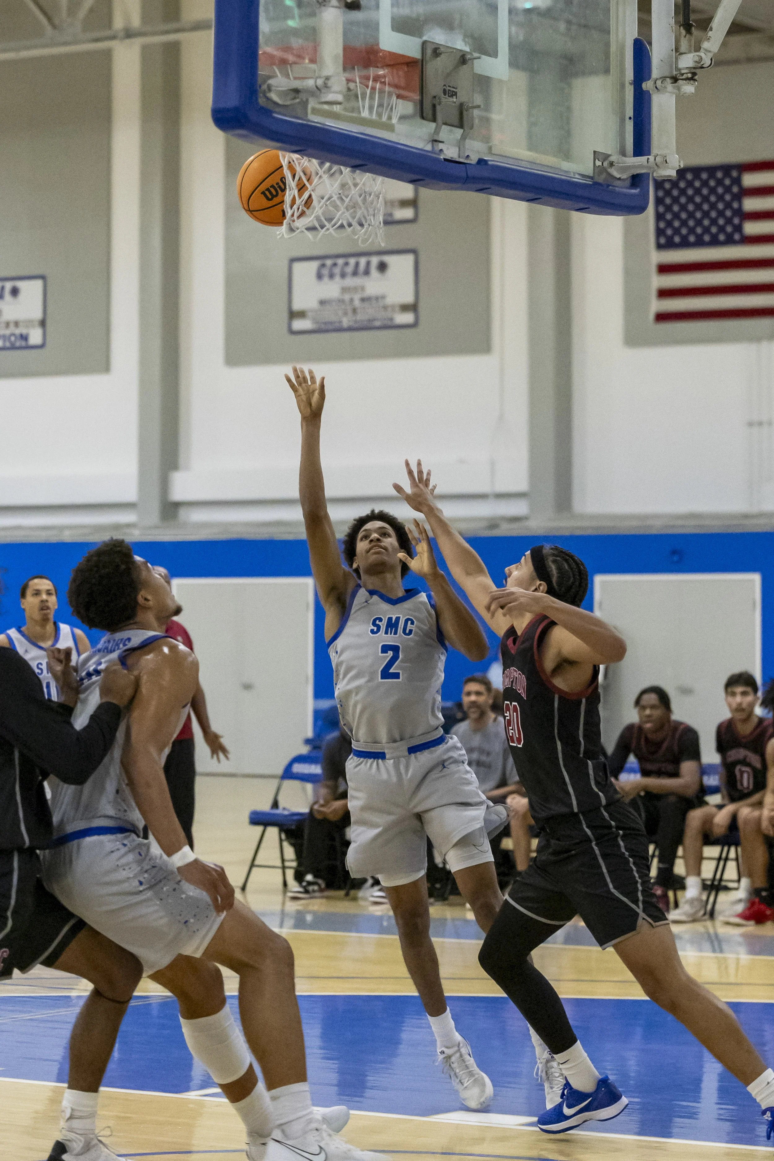  Santa Monica College (SMC) Corsair basketball player Jontue Cooper(#2) is attempting a shot during the SMC men’s basketball match against Compton College at Corsair Gym, Santa Monica, Calif., Nov. 7, 2025. The Corsair won 82-67. (Masie Najafi | The 