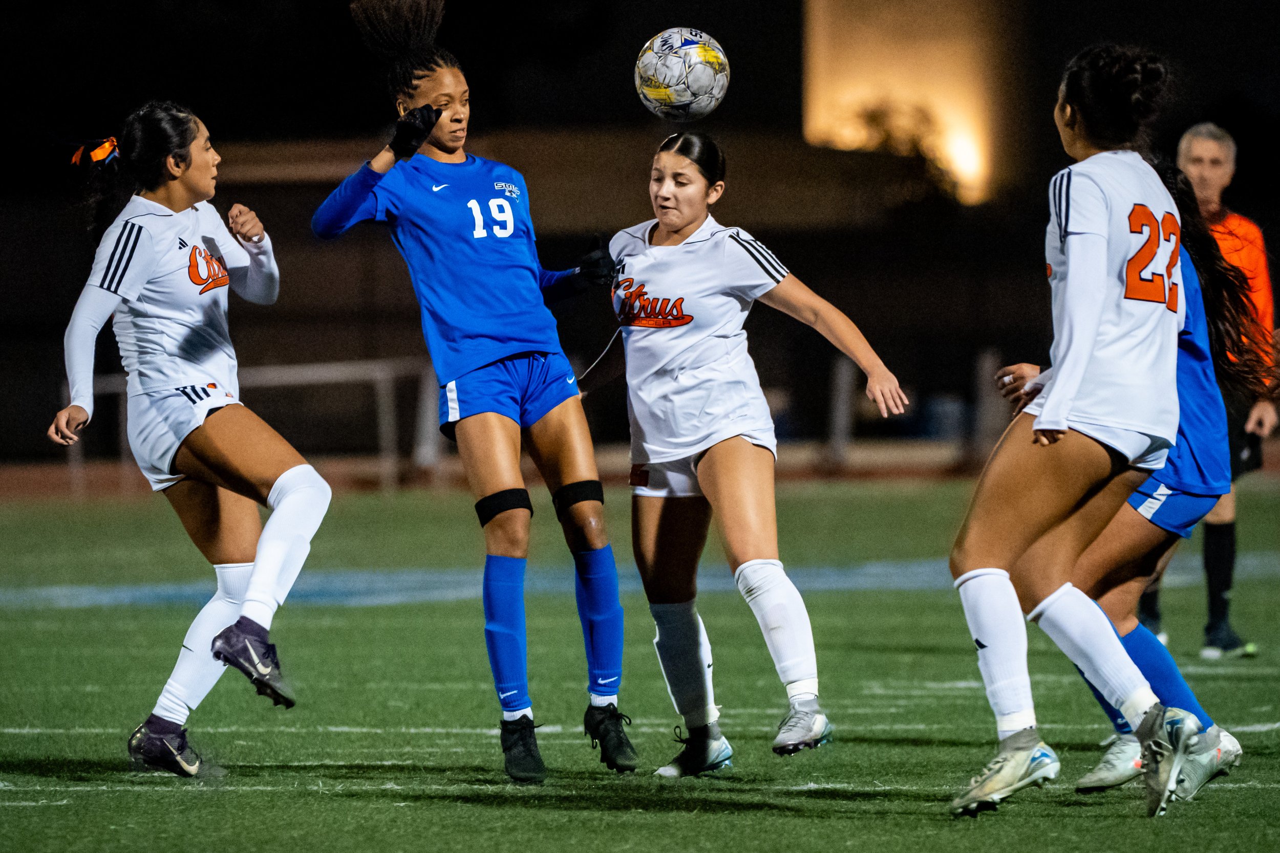  Santa Monica College Corsair Ashton St. Claire (19) fields the ball during a match on Wednesday, Nov. 16, 2025, in Santa Monica, Calif. The Corsairs were eliminated in the first round of the 3C2A playoffs, falling to the Owls in a penalty shootout, 