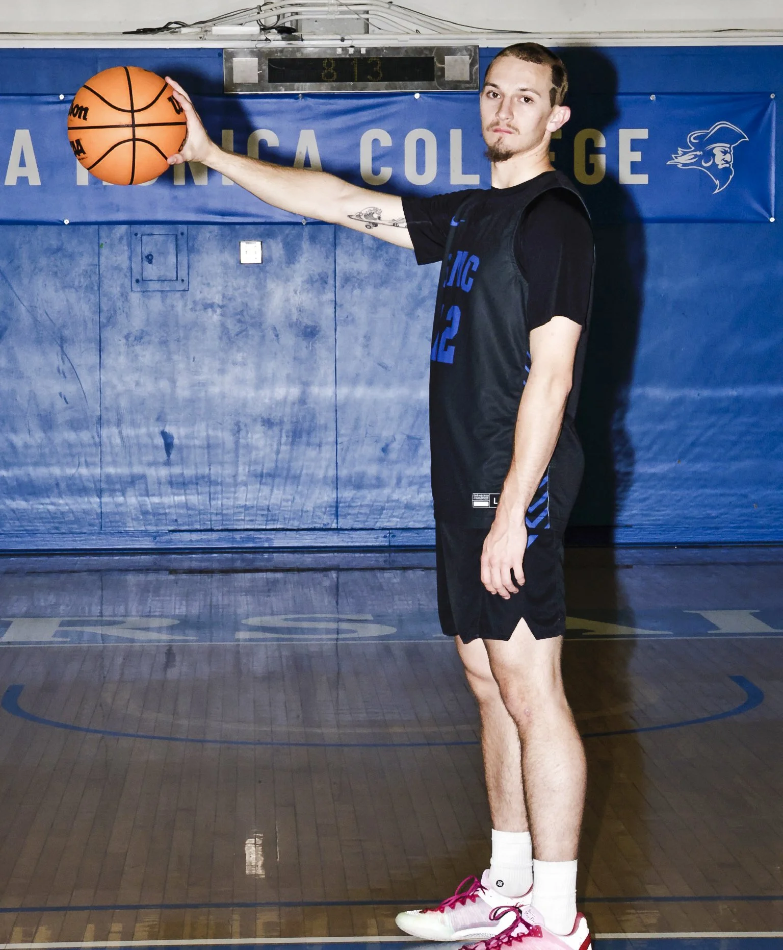  Santa Monica College (SMC) men’s basketball forward Sage Church 20, a kinesiology major from Pollocksville, North Carolina, inside the gym at SMC in Santa Monica, Calif., on Wednesday, Dec. 3, 2025. “I was always a good shooter, even when I started 