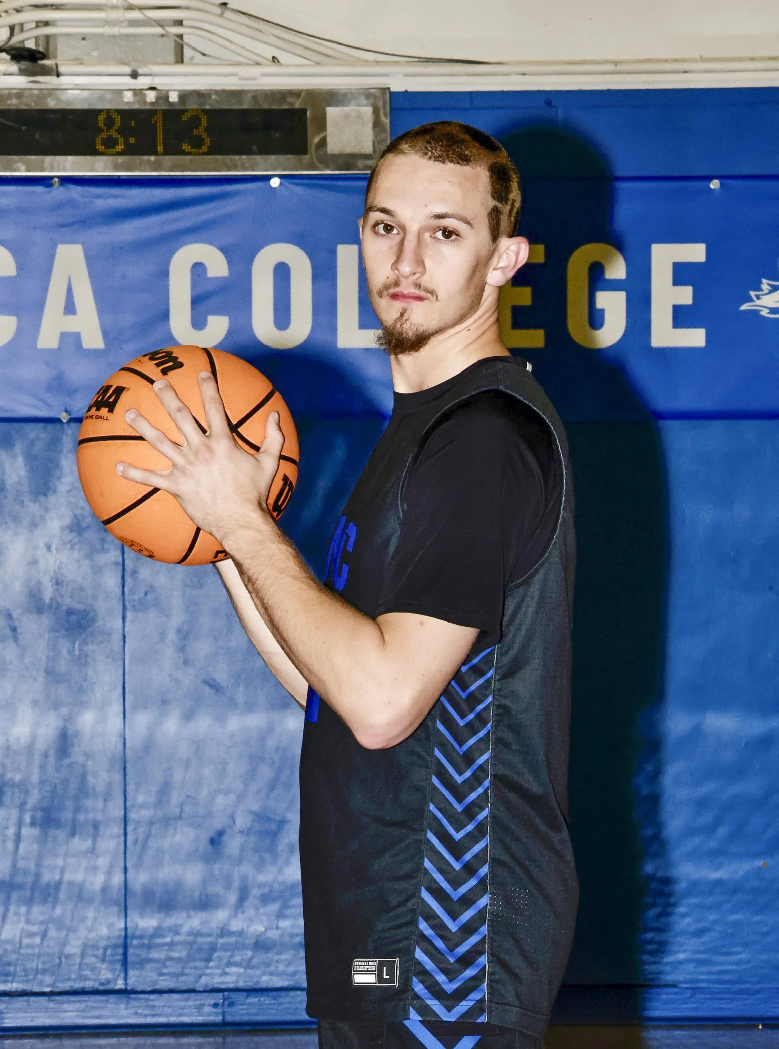  Santa Monica College (SMC) men’s basketball forward Sage Church 20, a kinesiology major from Pollocksville, North Carolina, inside the gym at SMC in Santa Monica, Calif., on Wednesday, Dec. 3, 2025. Church said “At my school it was like before schoo