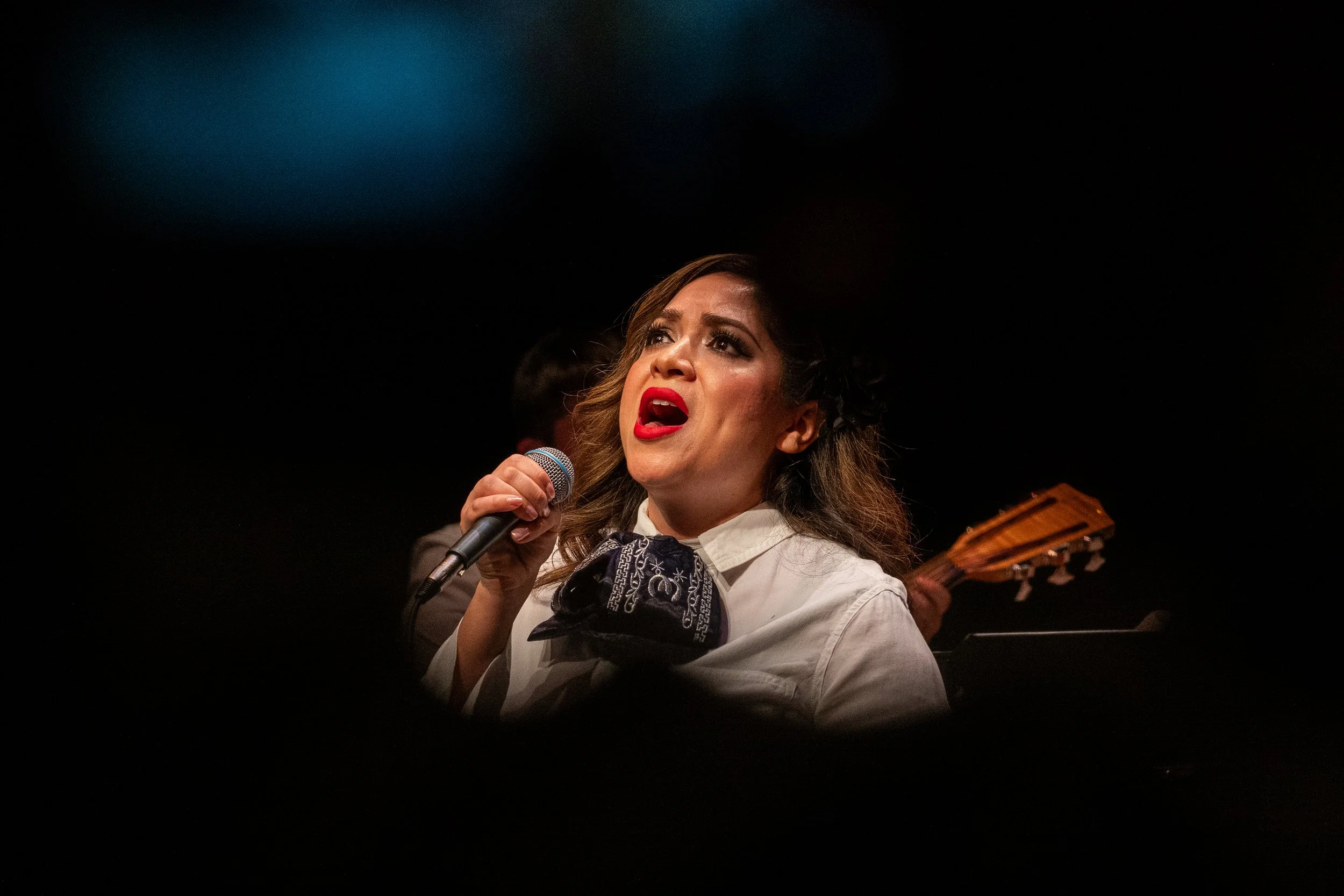  Marina Portillo, a music major at Santa Monica College (SMC), performs “Amor Eterno,” a ballad about grief, loss and maternal love, at a free concert at The Eyde Second Space at the SMC Performing Arts Center on Thursday, Dec. 4, 2025, in Santa Moni
