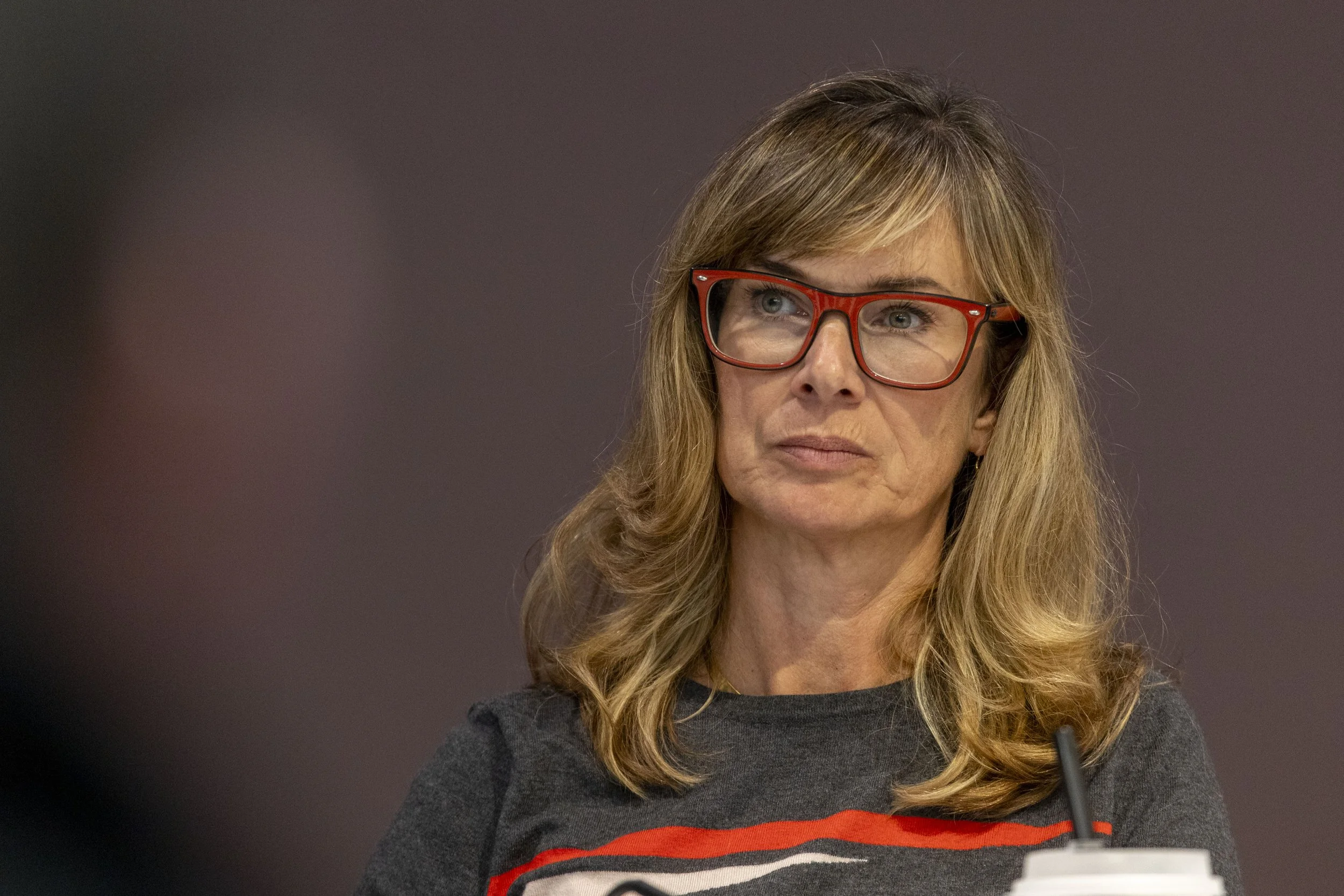  Santa Monica College (SMC) Trustee Anastasia Foster listens to the OIR Group's report on the October 2024 murder of SMC employee Felicia Hudson, on SMC's main campus, Tuesday evening, October 21, 2025 in Santa Monica, Calif. The special meeting of t
