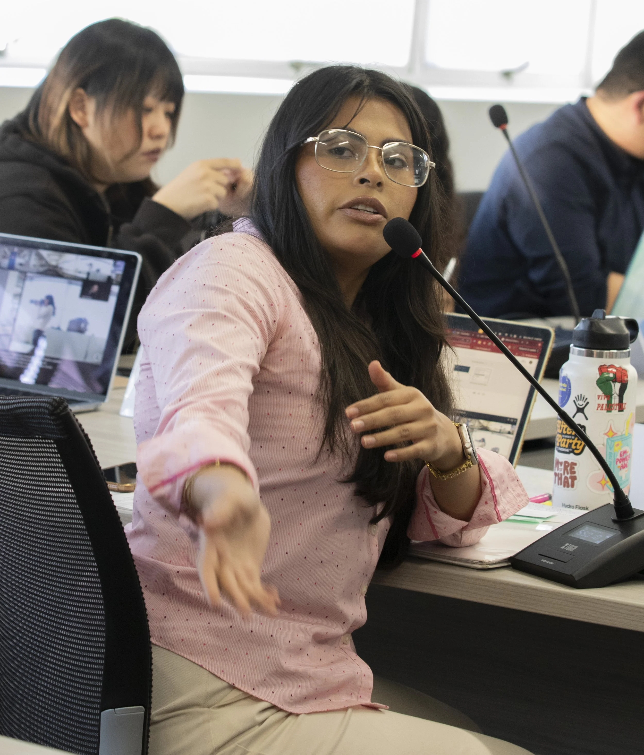  Associated Student (A.S.) President Alisa Ortiz addresses the  Barber Club members sitting behind her during the A.S. Board of Directors meeting held on Monday, Oct. 27, 2025 at Cayton Center, Santa Monica College, Santa Monica, Calif.  The A.S. boa