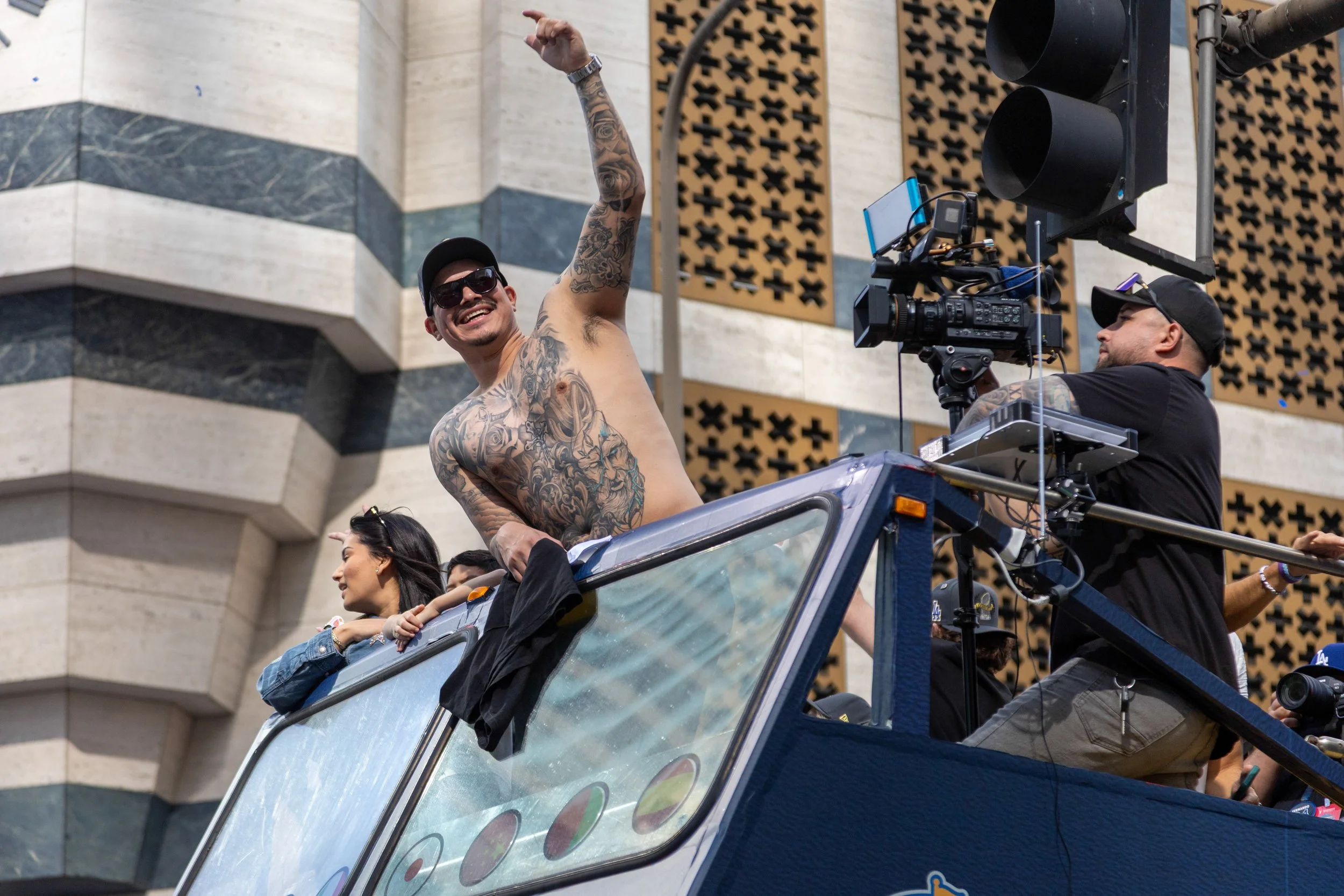  Los Angeles Dodgers pitcher Anthony Banda celebrates on top of a double-decker sightseeing bus at the Los Angeles Dodgers' victory parade, Monday, November 3, in Los Angeles, Calif. The Dodgers secured their 9th World series championship on Saturday