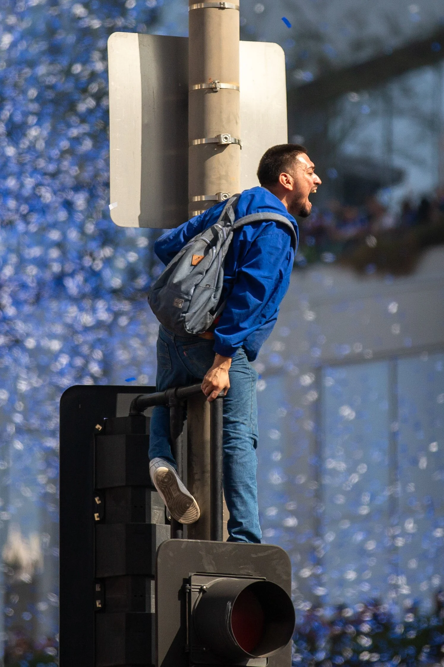  A Los Angeles (LA) Dodgers fan screaming towards the LA Dodgers buses during the Dodgers World Series Champions Parade on Second and Grand, Los Angeles, Calif., on Monday, Nov 3rd, 2025.  The LA Dodgers won against the Toronto Blue Jays 4-3 in the s