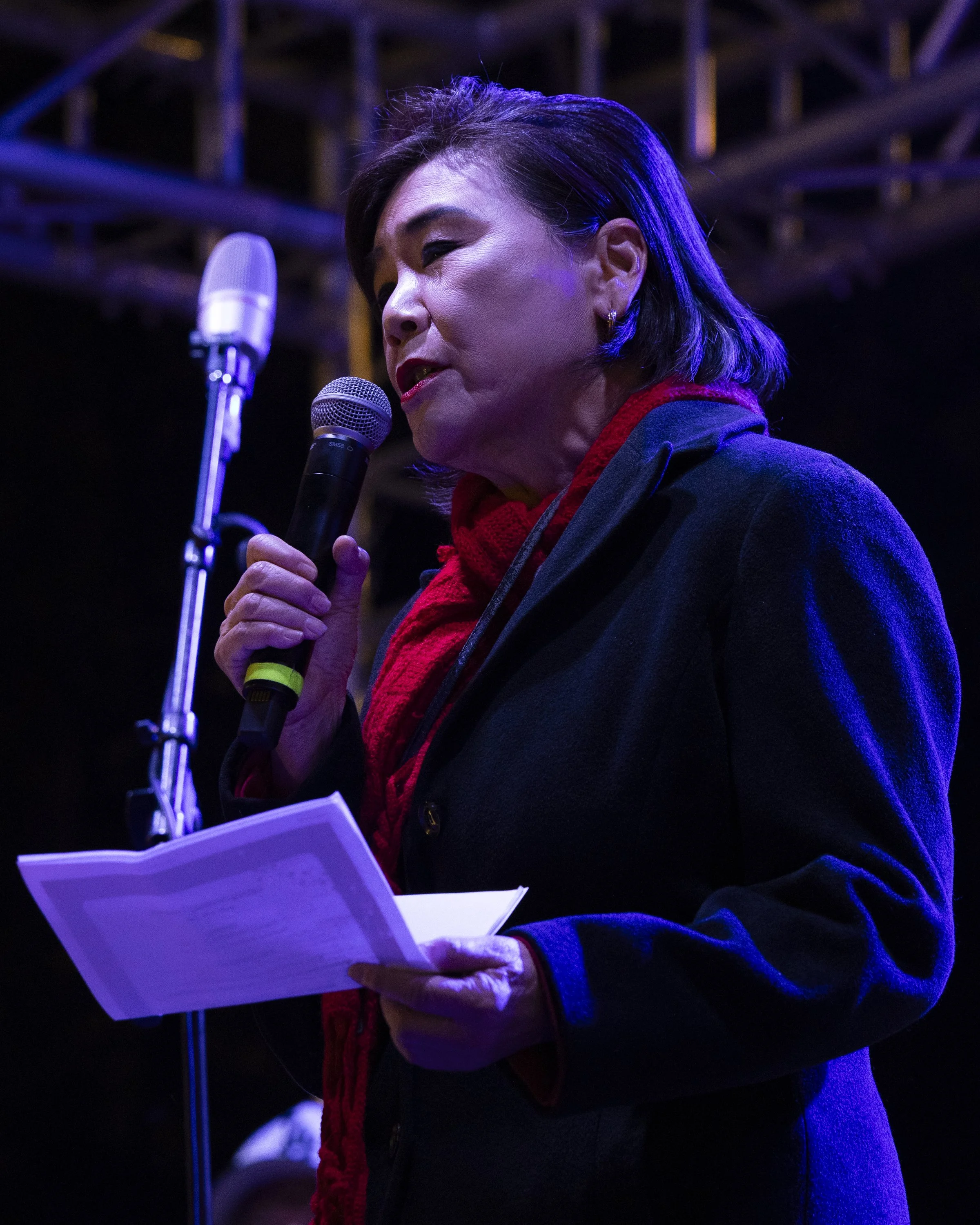  Judy Chu, (D) from California's 28 congressional district speaks to a crowd of thousands who gathered in Altadena, Calif., on Saturday, Dec. 8, 2025, for the 105 Christmas Tree Lane lighting ceremony. A stretch of deodar cedar trees on Santa Rosa Bo