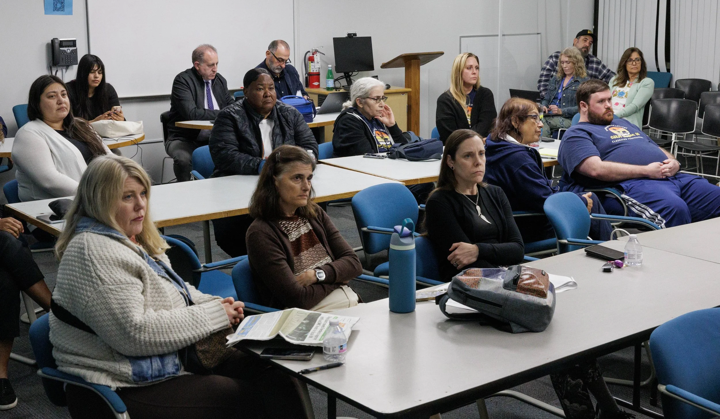  Santa Monica College (SMC) staff, students, and faculty during a Board of Trustees meeting discussing measures to abolish a combined total of more than 70 classified staff and managerial positions, in the SMC Business Building in Santa Monica, Calif