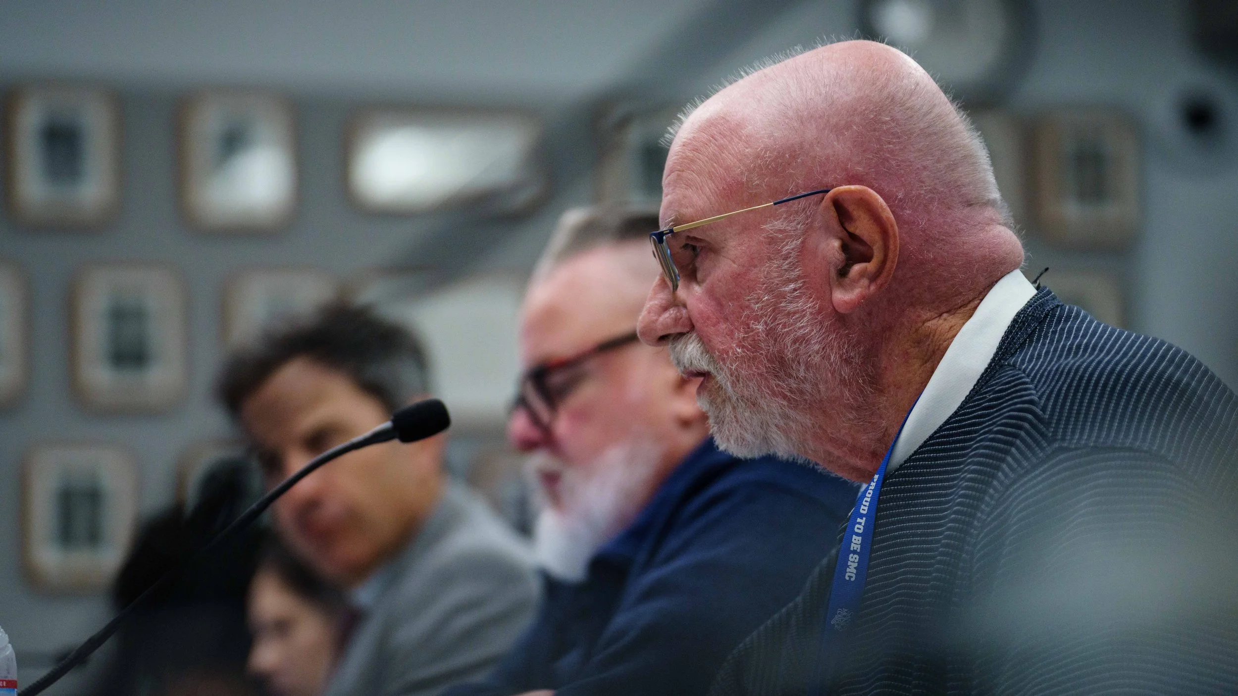  Santa Monica College (SMC) Senior Director of Governmental Relations and Institutional Communications Don Girard (R) addresses the Board of Trustees during a meeting in the SMC Business Building Room 117 in Santa Monica, Calif. on Tuesday, Feb. 3, 2
