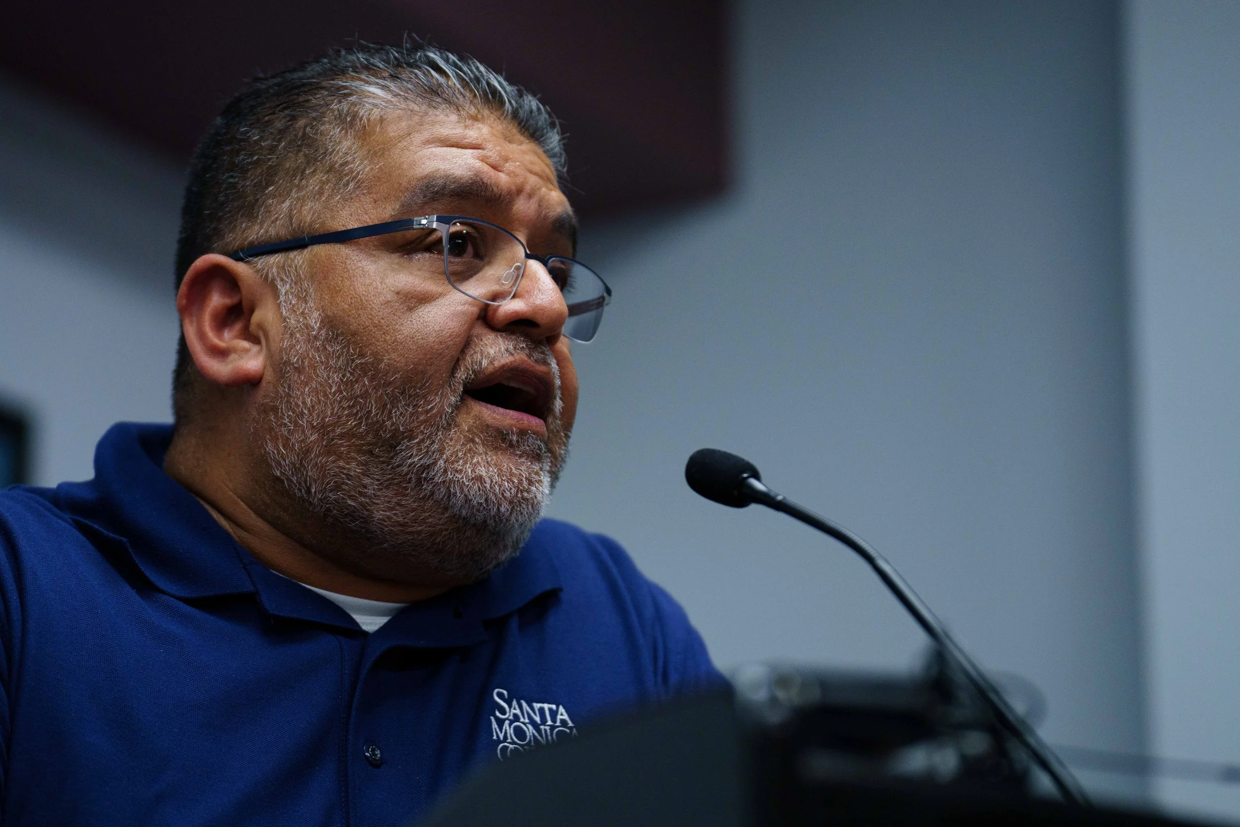  Santa Monica College (SMC) Management Association member Jose Hernandez speaks in opposition to measures abolishing more than 70 staff and managerial positions during a Board of Trustees meeting on Tuesday, Feb. 3, 2026, in the SMC Business Building