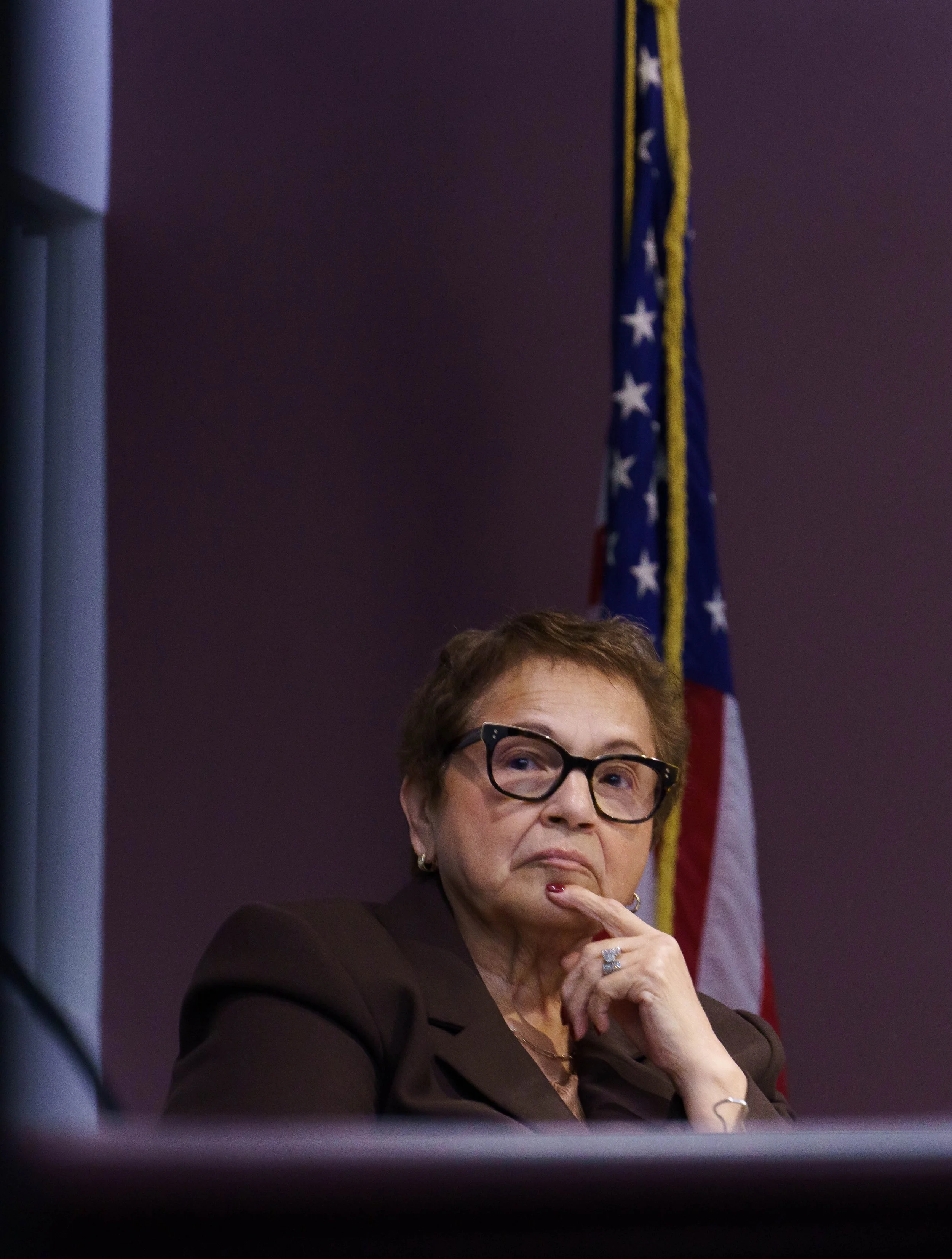  Santa Monica College (SMC) Trustee Dr. Margaret Quinones-Perez listens to staff, faculty and students opposed to measures abolishing more than 70 staff and managerial positions during a Board of Trustees meeting in the SMC Business Building Room 117