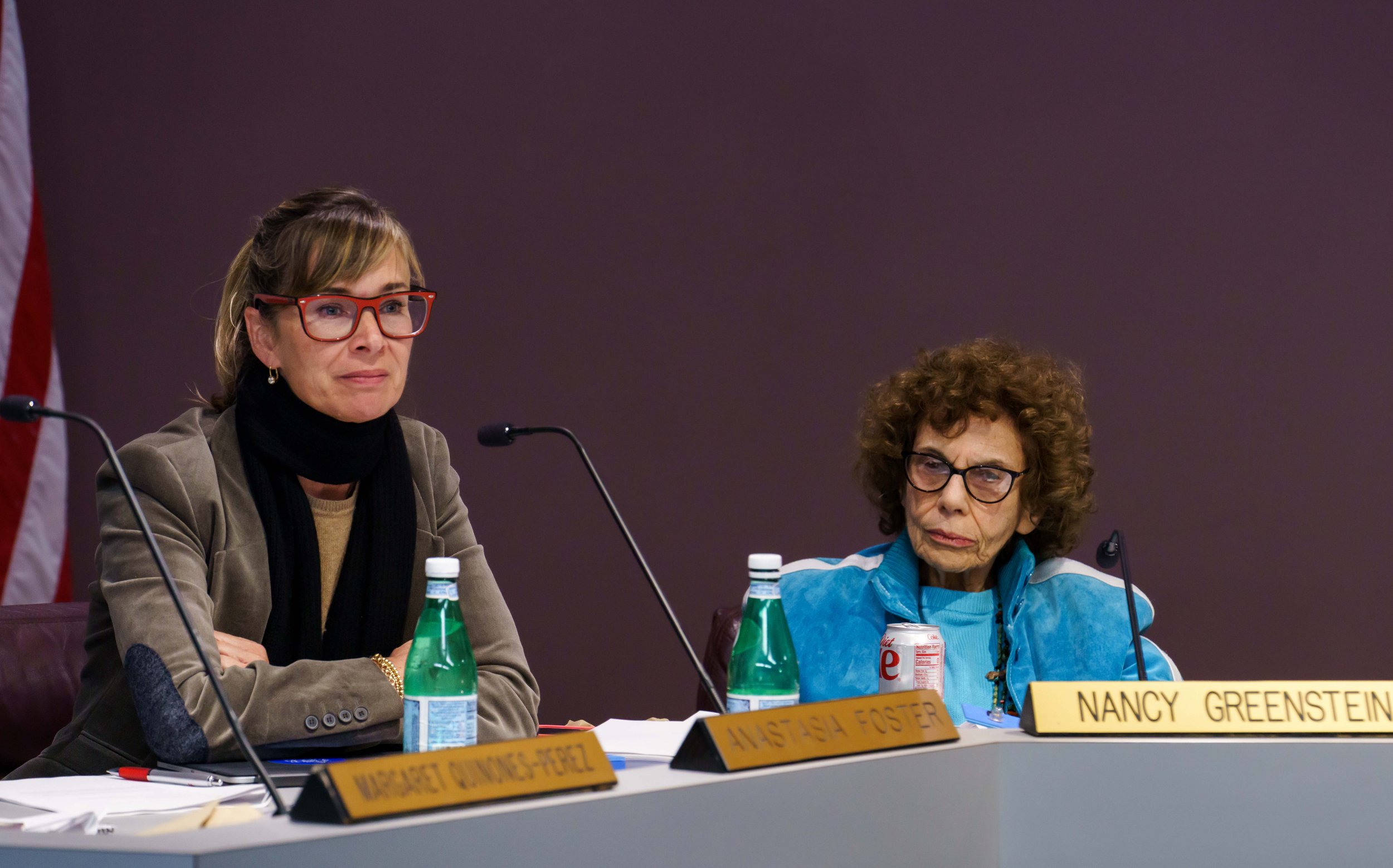  Santa Monica College (SMC) Trustees (L to R) Anastasia Foster and Dr. Nancy Greenstein after being addressed by classified staff opposed to measures abolishing over 70 classified staff and managerial positions during a Board of Trustees meeting in t