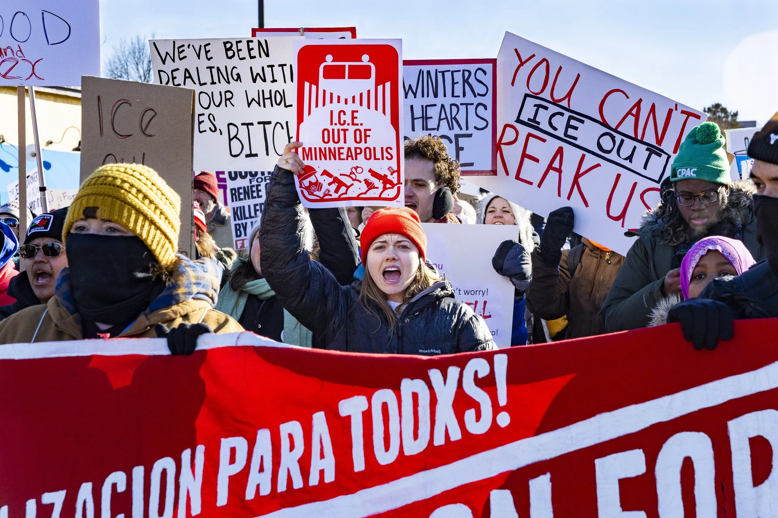  Protester waves an anti-ICE sign while marching in Minneapolis, Saturday, Jan. 31, 2026. (Kayjel J. Mairena | The Corsair) 