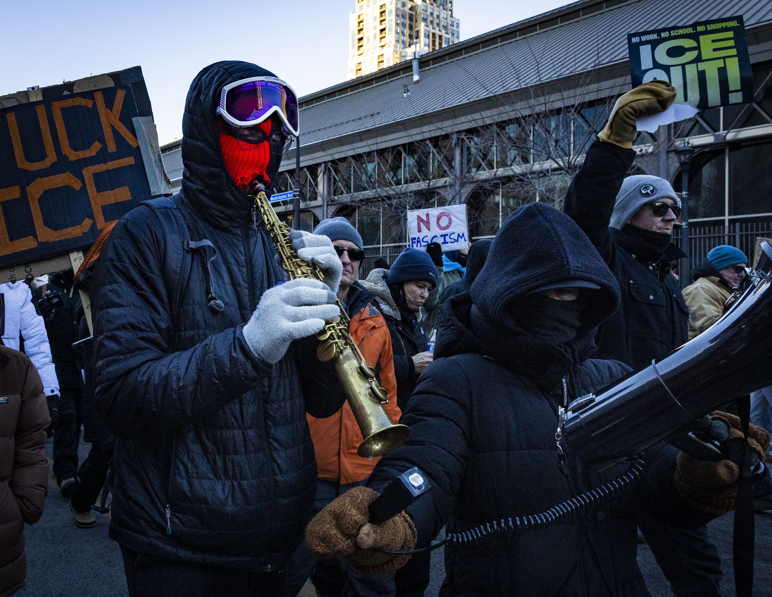  Protester blows a soprano saxophone while marching at an anti-ICE protest in downtown Minneapolis, Friday, Jan. 30, 2026. (Kayjel J. Mairena | The Corsair) 