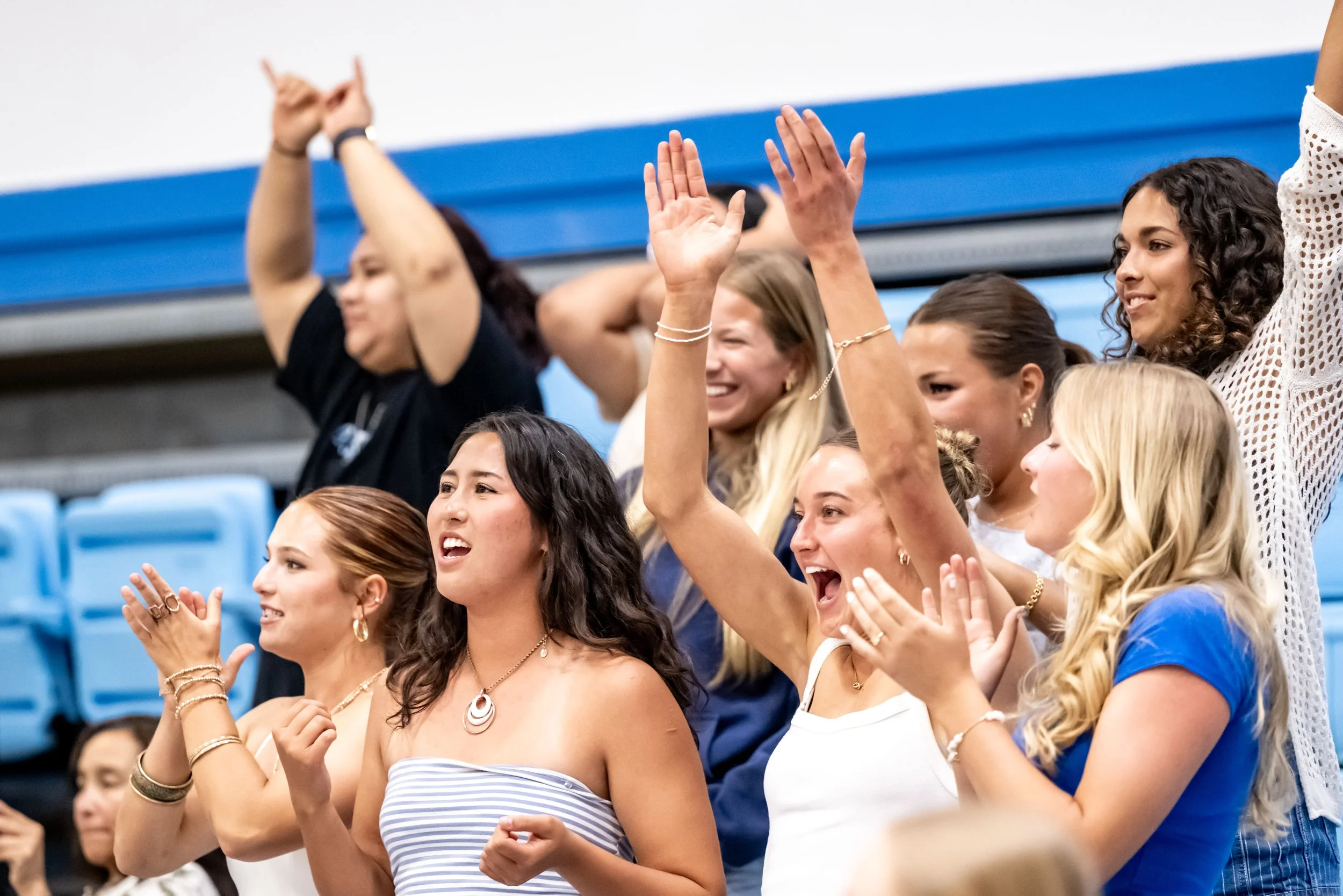  Santa Monica College Corsair women’s volleyball celebrates the men’s victory at the end of the match against the Moorpark City College Raiders in Moorpark, Calif., on Friday, Feb. 27, 2026. The Corsairs won the match 3 sets to 1. (Tom Rosholt | The 