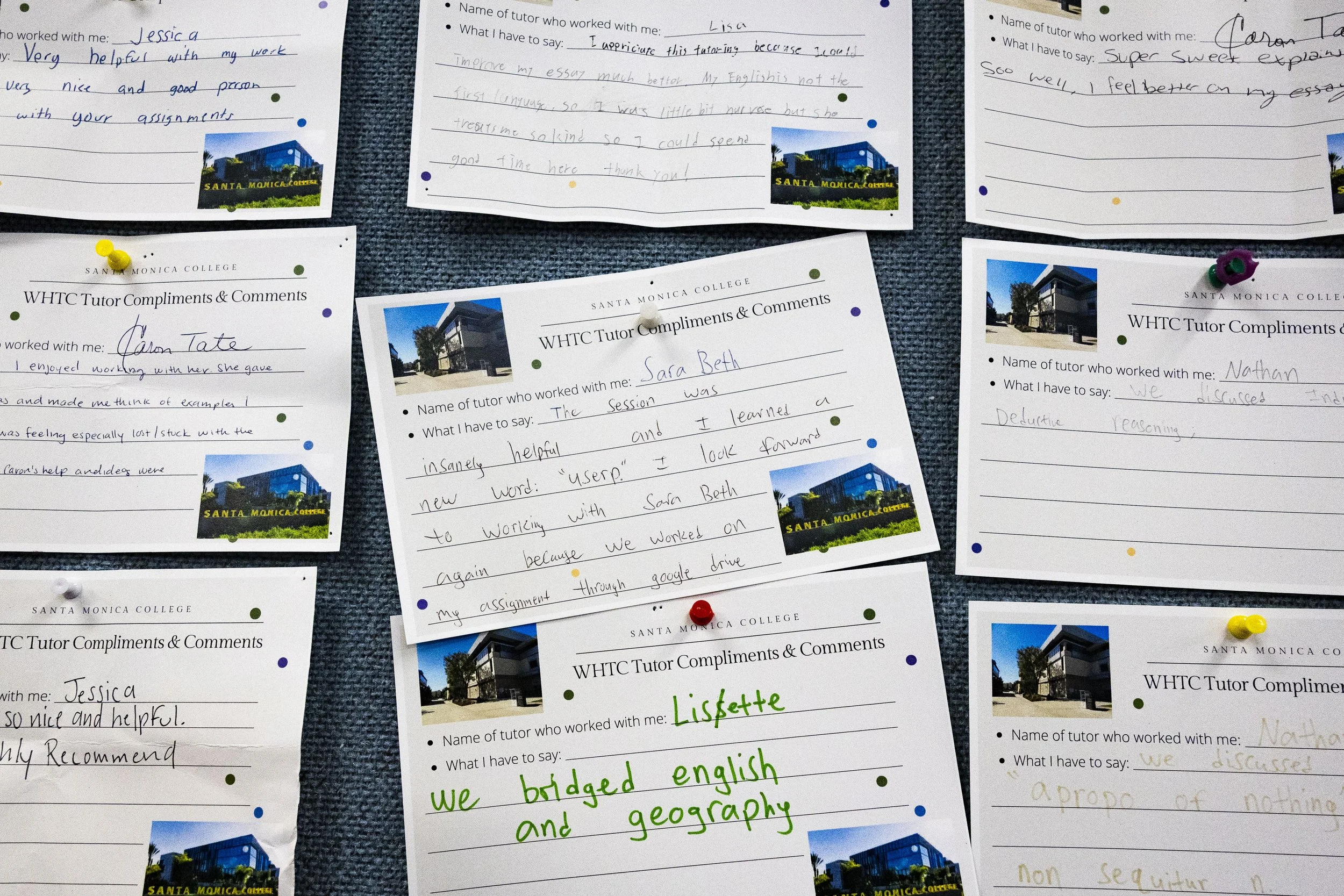  A board on the wall full of compliment cards inside Santa Monica College’s Writing & Humanities Tutoring Center in Santa Monica, Calif., on Wednesday, Feb. 25, 2026, where four classified employees, including Sarah Beth Rapson (not pictured) expect 