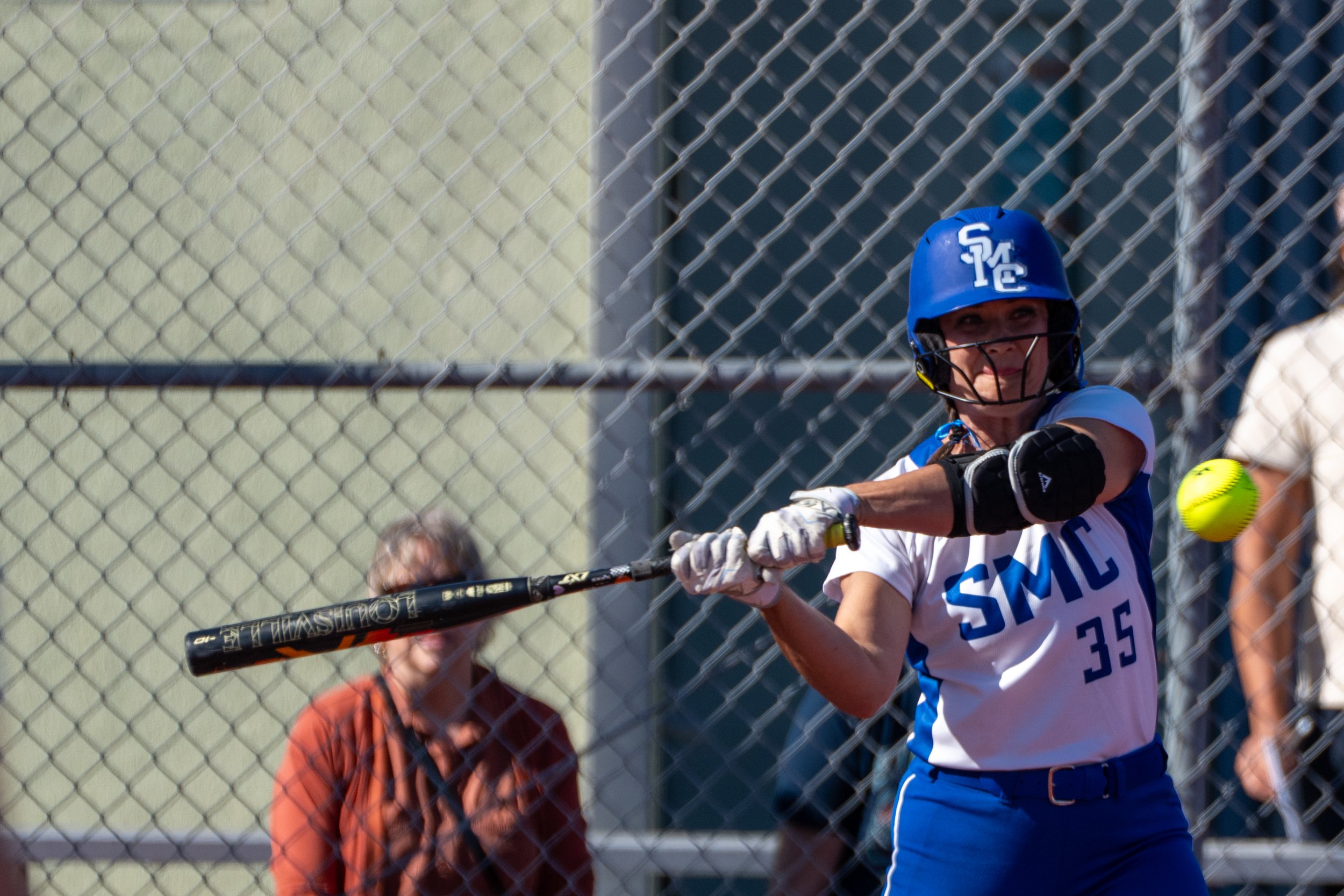  Santa Monica College (SMC) Corsair catcher Jodi Shuler (35) hits a grandslam during the game with the Valley College (VC) Monarchs at Santa Monica, Calif., Thursday, Feb. 26, 2026. The Corsairs were defeated by the Monarchs 25-15. (Tom Rosholt | The