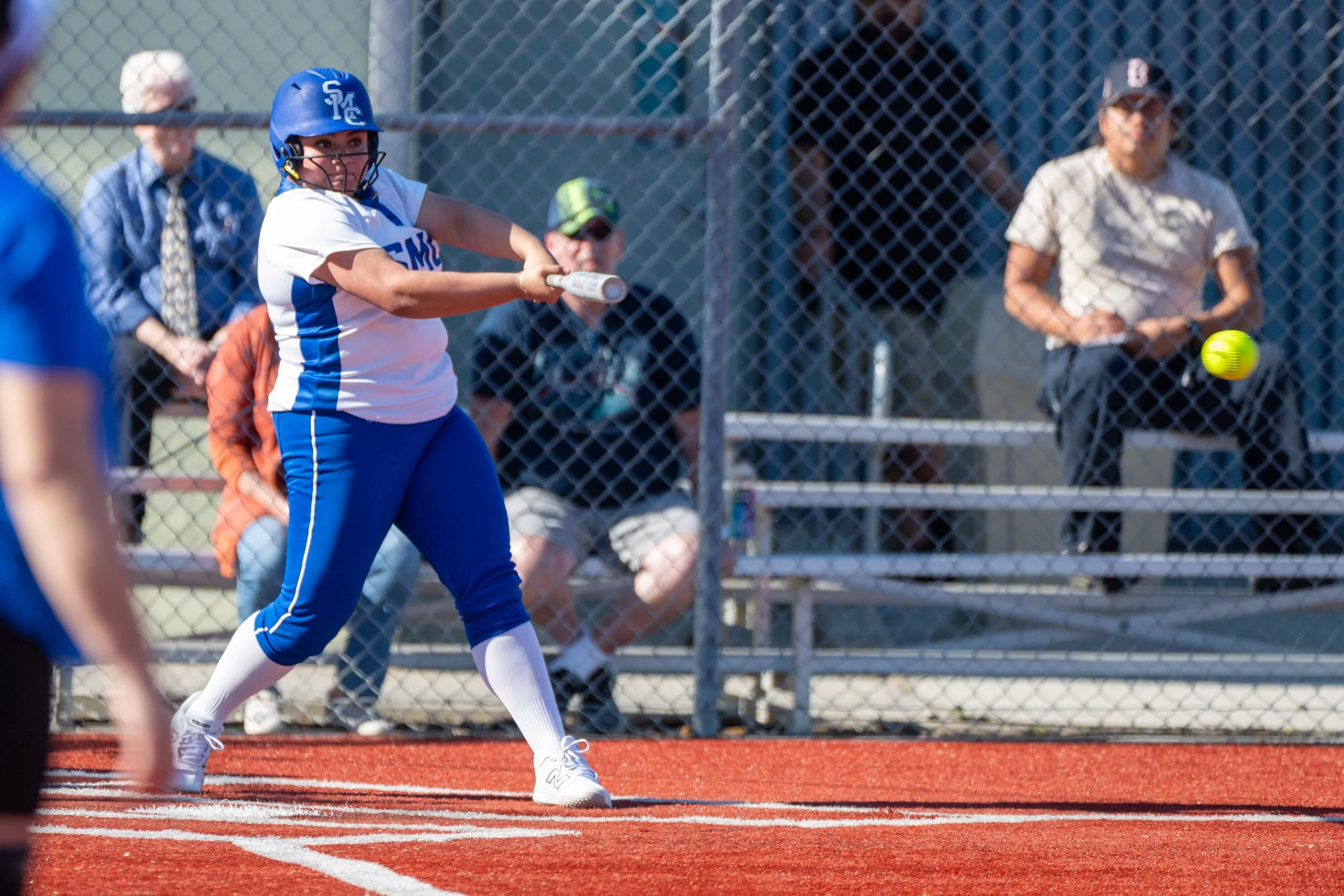  Santa Monica College (SMC) Corsair Katrina Olmedo (28) hits an RBI single up the middle during the game with the Valley College (VC) Monarchs at Santa Monica, Calif., on Thursday, Feb. 26, 2026. The Corsairs were defeated by the Valley College Monar