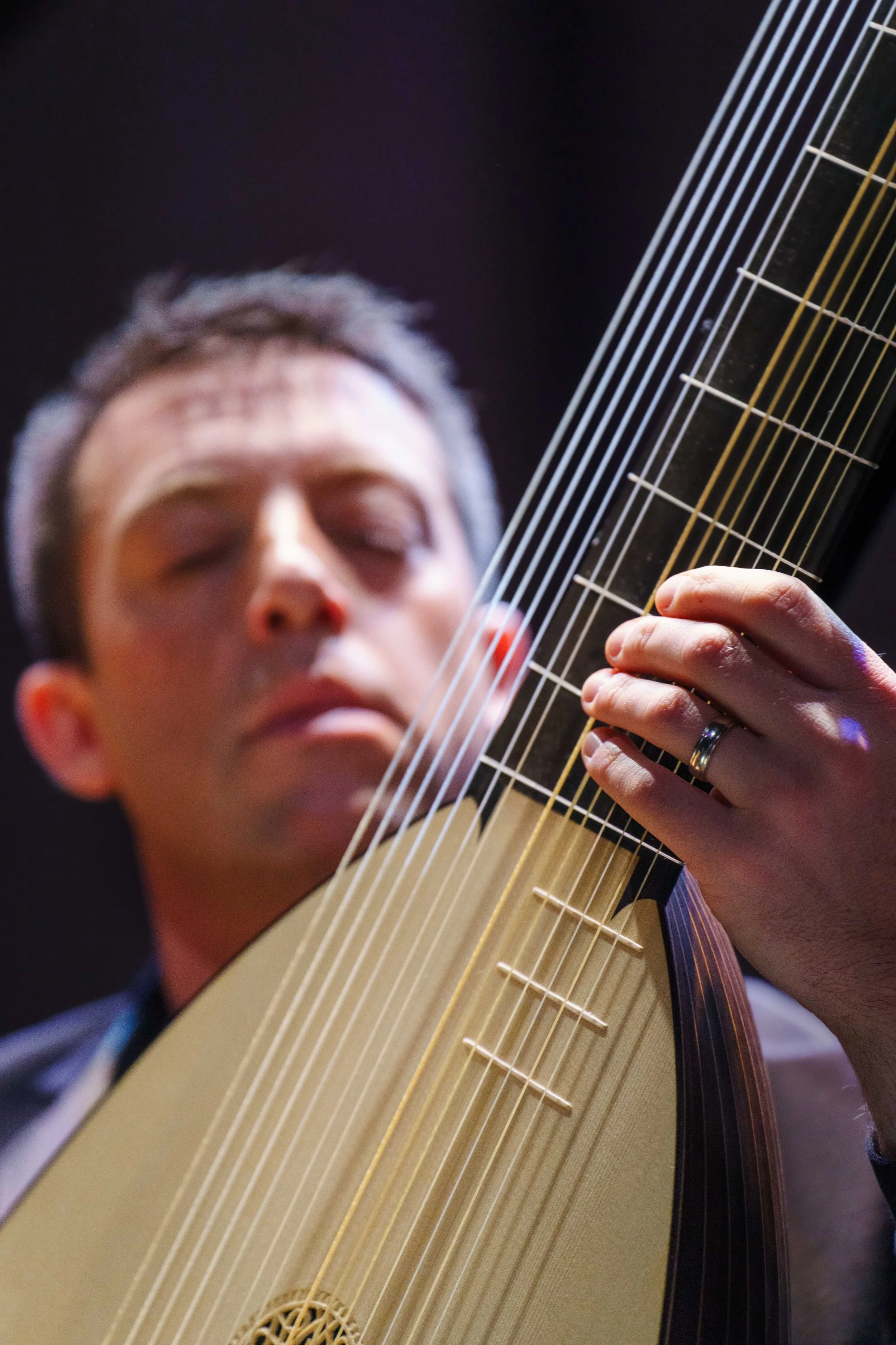  Philharmonia Baroque Orchestra member Adam Cockerham plays theorbo during dress rehearsal for a performance with mandolinist Avi Avital at BroadStage in Santa Monica, Calif. on Sunday, Feb. 22, 2026. The theorbo is a member of the lute family, with 
