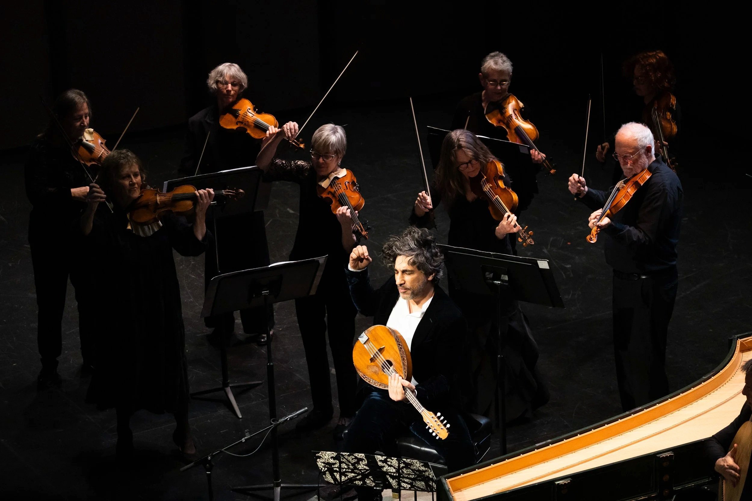  Grammy nominated mandolinist Avi Avital (bottom center) with Philharmonia Baroque Orchestra violinists during a performance on Sunday, Feb. 22, 2026, at BroadStage in Santa Monica, Calif. (Elizabeth Bacher | The Corsair) 