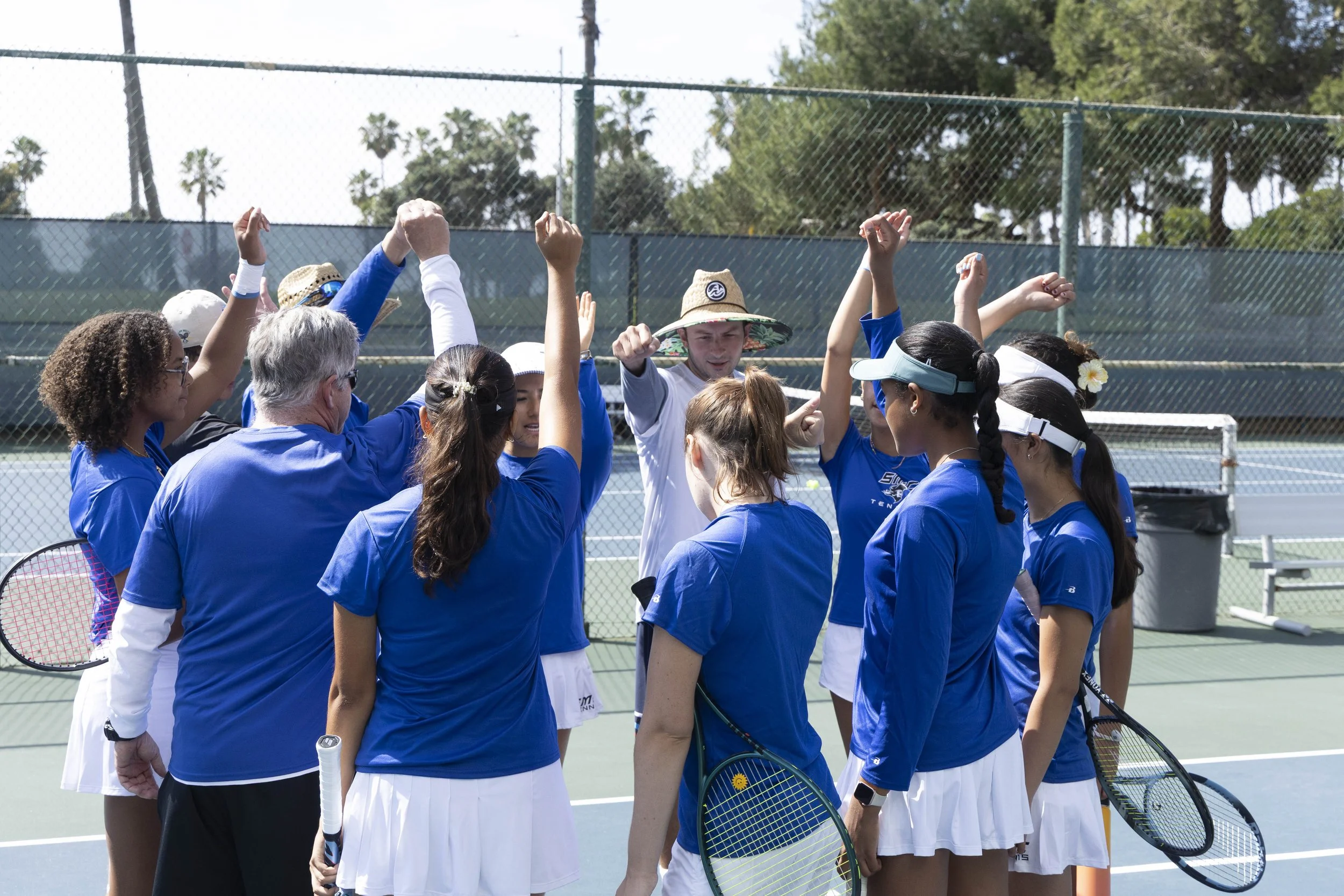  Santa Monica College Women's Tennis Corsairs cheer before their match against Ventura College’s Pirates on Tuesday, March 3, 2026, at the Ocean View Park Tennis Courts, in Santa Monica, Calif. The Corsairs were defeated by the Pirates 3-6. (Silke Ei