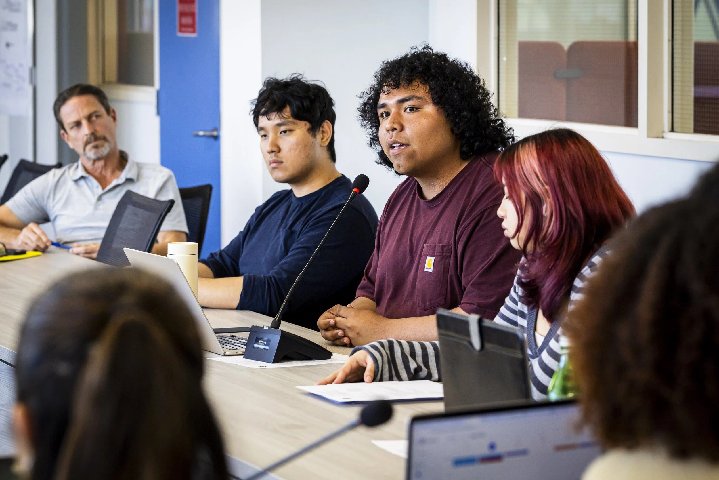  (L to R) David Dever (cq), Brandon Garcia, Marin Orea (cq), and Samantha Jauregi (cq), during a meeting of the AS Board of Directors of Santa Monica College (SMC) on Monday, Mar. 2, 2026, at the Cayton Center Computer Lab in Santa Monica, Calif. Som