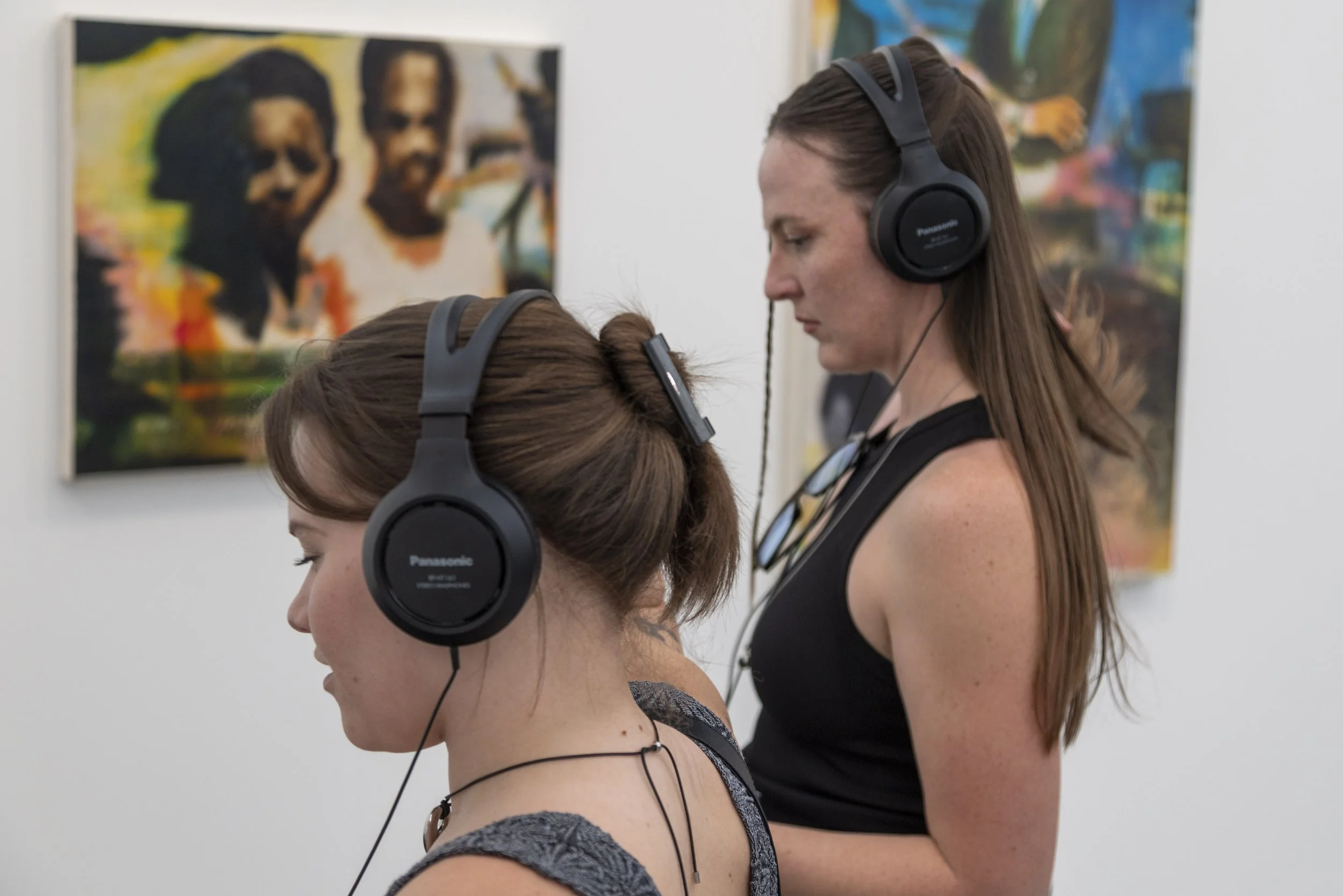 Sydney Tanji (cq) (left) and Elise Wassher (cq), both Santa Monica College students in professor Kim Garcia’s ART 82 class, “Exhibition and Display Production”, view an interactive exhibit at the Frieze Los Angeles art fair in Santa Monica, Calif., 