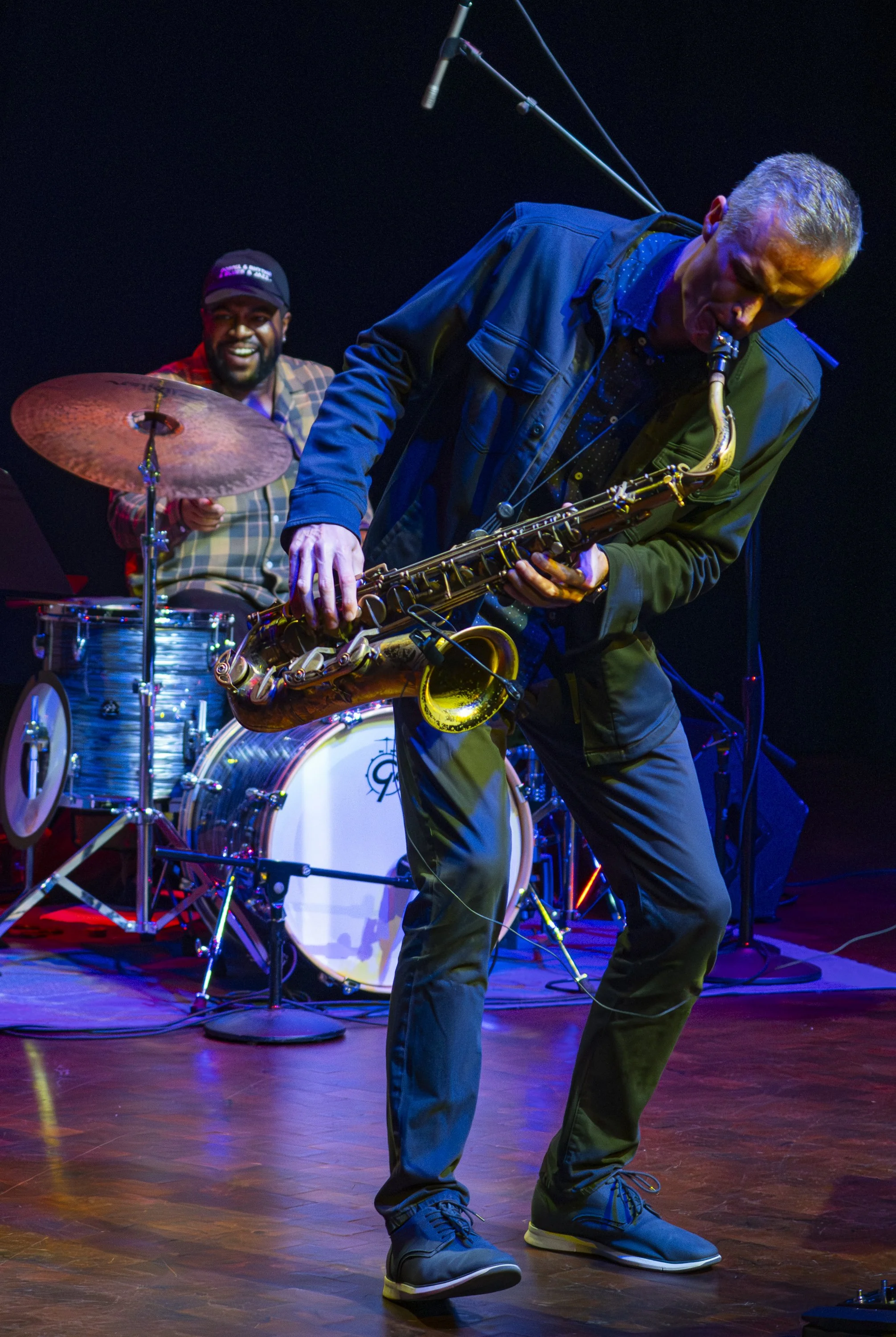  (L-R) Christian Euman, drummer & Bob Reynolds on Saxophone during their performance at the Friday Jazz Series with Bob Reynolds inside the  Perofming Arts Center at Santa Monica College, in Santa Monica Calif., Friday, March 6, 2026 (Corsair l Danny