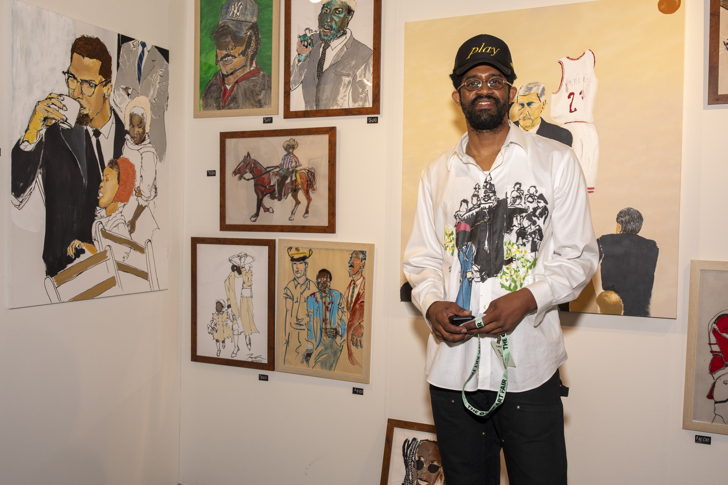  Artist Philip Okonma stands in front of a few of his favorite pieces at the opening night of The Other Art Fair in Culver City, Calif. Thursday, Febuary 27, 2026 (Andrew Starnes | The Corsair) 