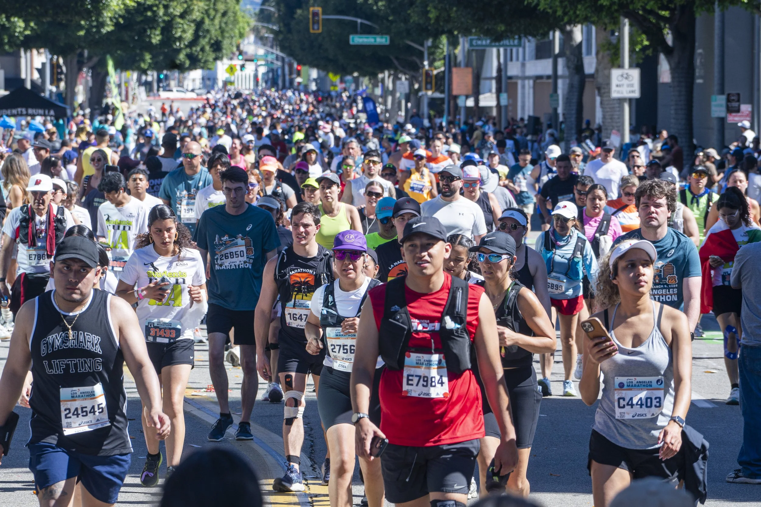  Los Angeles Marathon runners take walk breaks at the 18 mile mark of the 26.2 mile race as they approuch Century City at the 41st annual LA Marathon on Santa Monica Blvd in Beverly Hills, Calif., Sunday, March 8, 2026 (Danny Sanchez I The Corsair) 