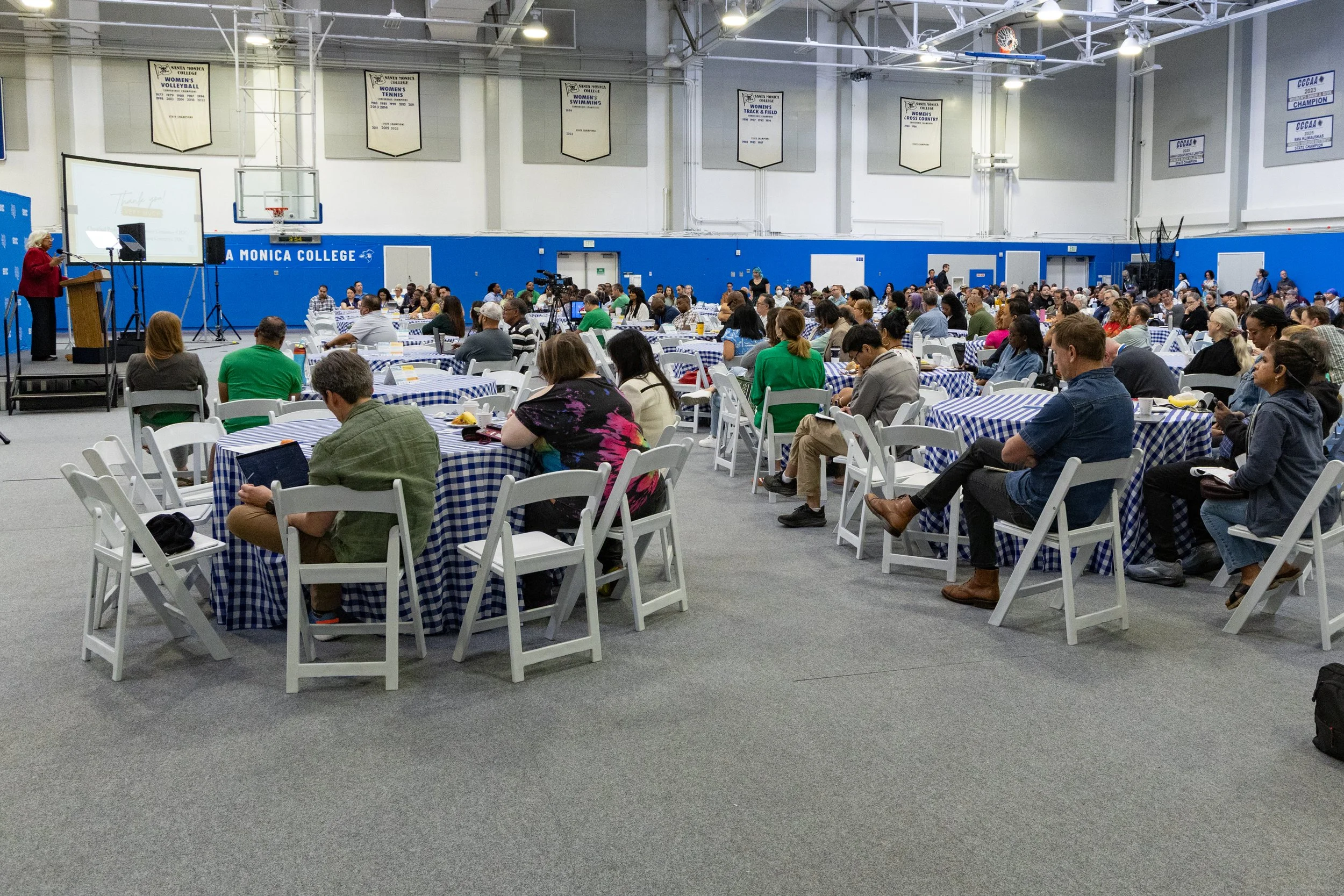  Dr. Kathryn Jeffery, Superintendent/President of Santa Monica College (SMC), gives the State of the College Address during the SMC Spring 2026 Professional Development Day with the theme “Rooted in Progress: Essential Tools for Growth” during the Op