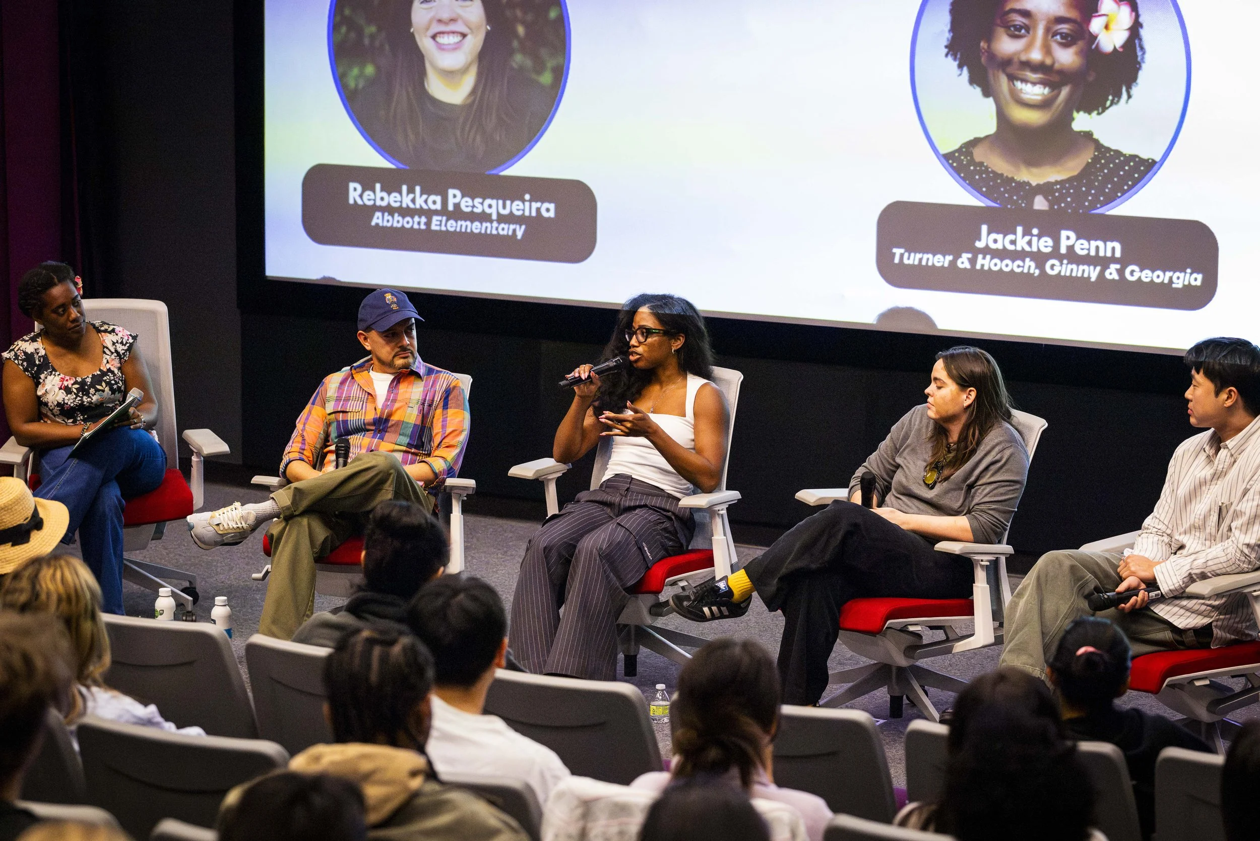  (L to R) Jackie Penn, Cesar Mazariegos (cq), Stephanie McFarlane, Rebekah Pesqueria (cq), and William Yu (cq) during Break Into TV Writing, a panel presented by Humanitas and Santa Monica College (SMC), which took place at SMC’s Center for Media & D