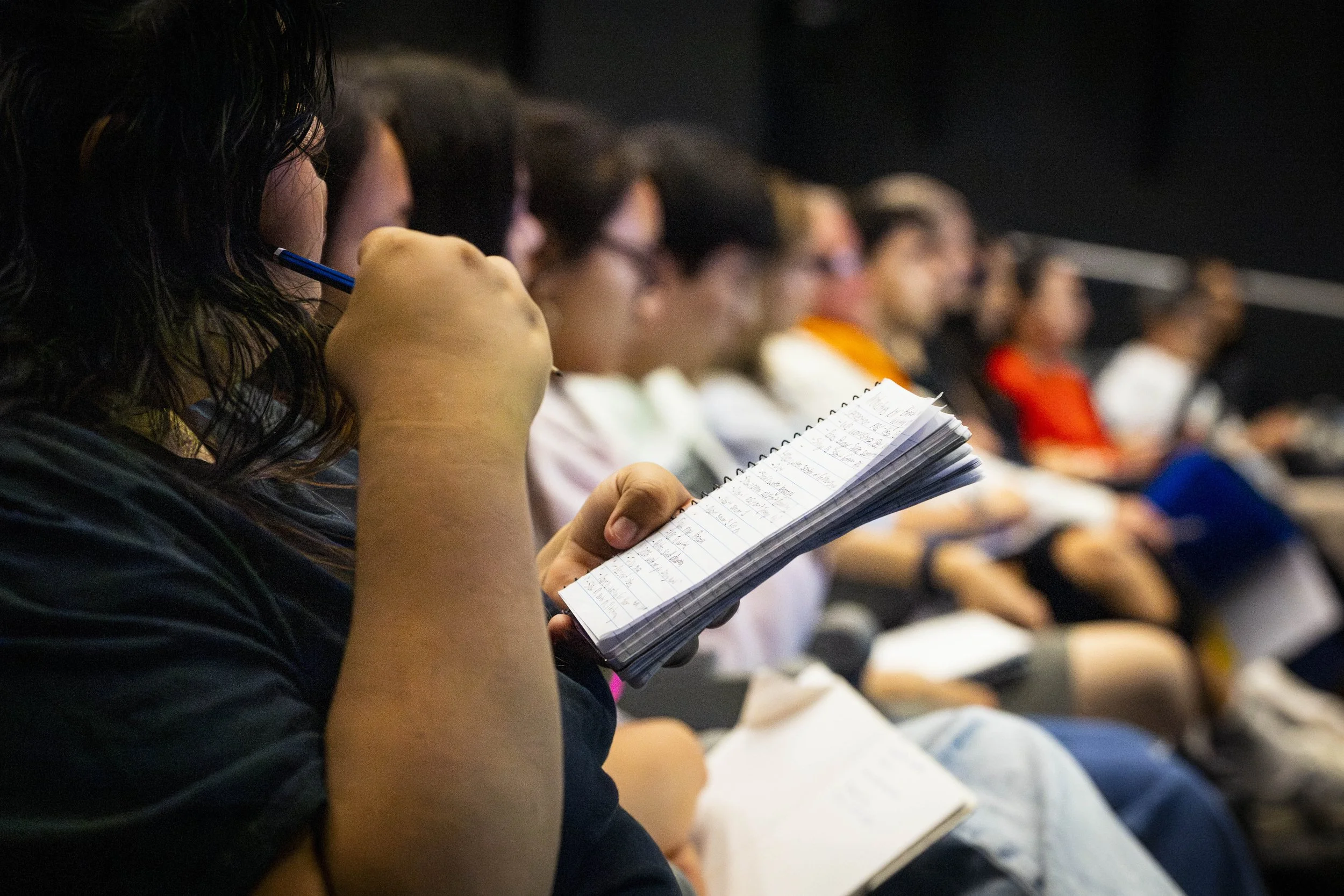  Students taking notes during Break Into TV Writing, a panel presented by Humanitas and Santa Monica College (SMC), which took place at SMC’s Center for Media & Design (CMD) Theater on Monday, Mar. 9, 2026. Moderated by TV writer Jackie Penn, the pan