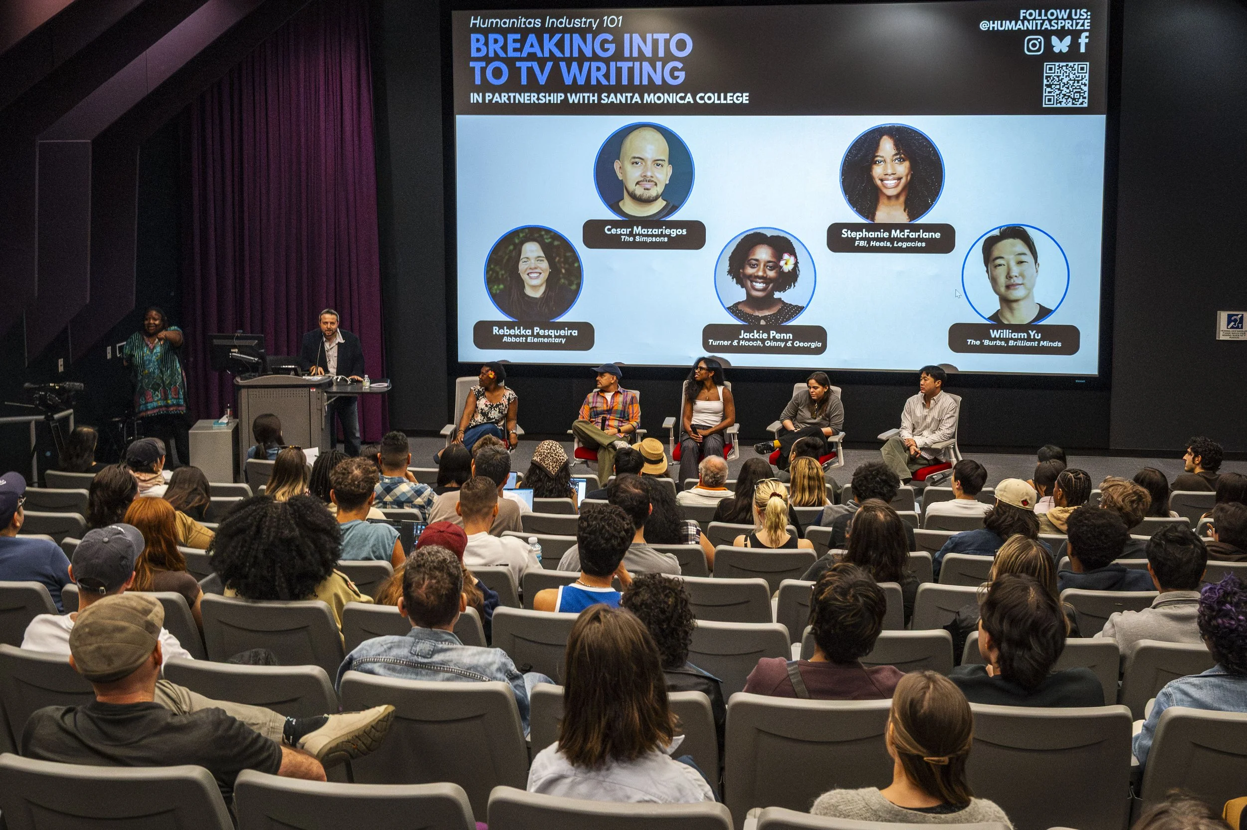  (L to R) Santa Monica College (SMC) Communication & Media Studies Department Chair Redelia Shaw, along with Professor Simone Bartesaghi introduce moderator Jackie Penn, and screenwriters  Cesar Mazariegos (cq), Stephanie McFarlane, Rebekah Pesqueria
