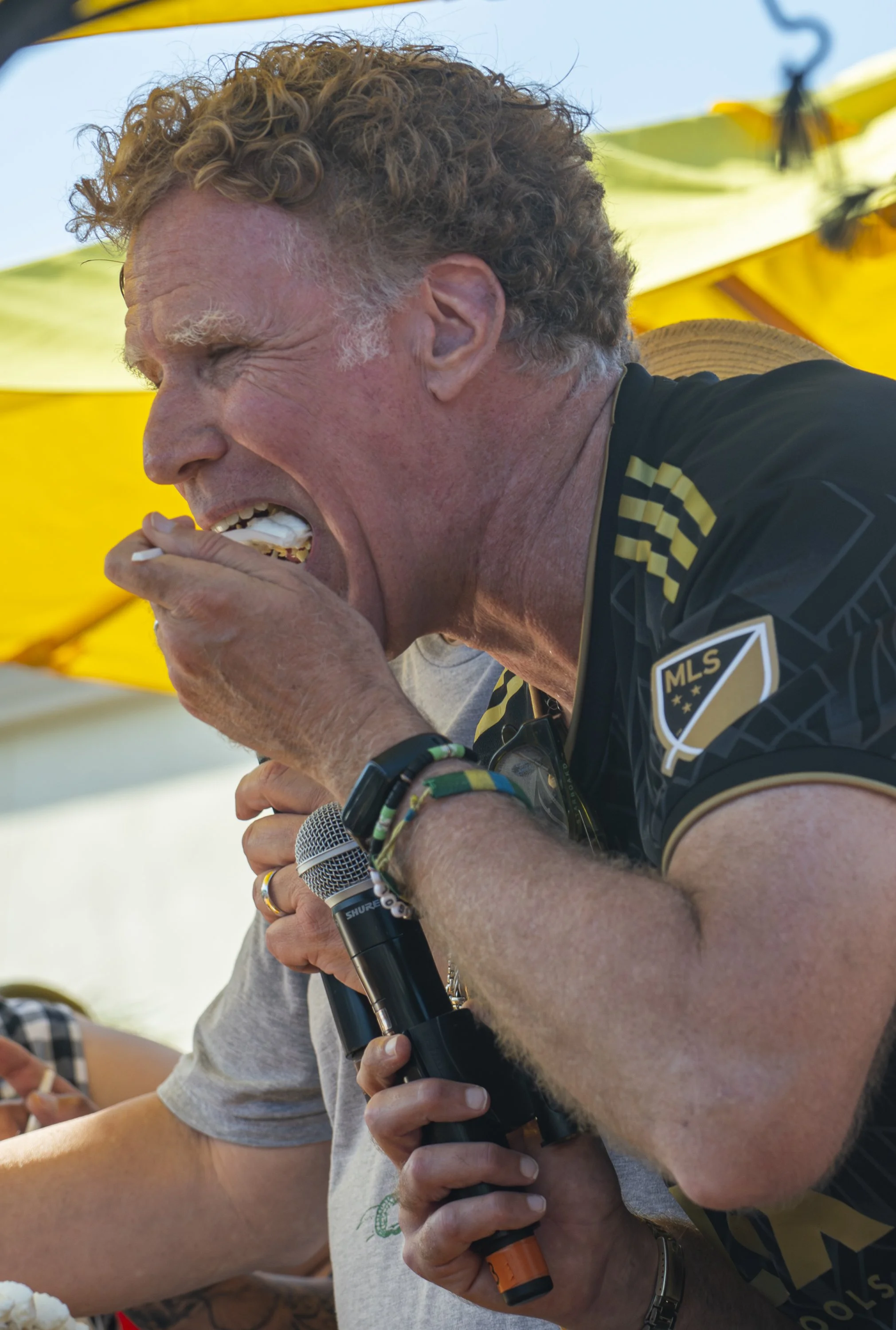  Celebrey, Will Ferell takes huge bit of a contestants pie, Ferell  served on the judging panel alongside chef Roy Choi, Evan Kleiman, and other culinary professionals at the 12st annual KCRW Pie Fest & Contest at the Autry Museum in Giffith Park, Lo