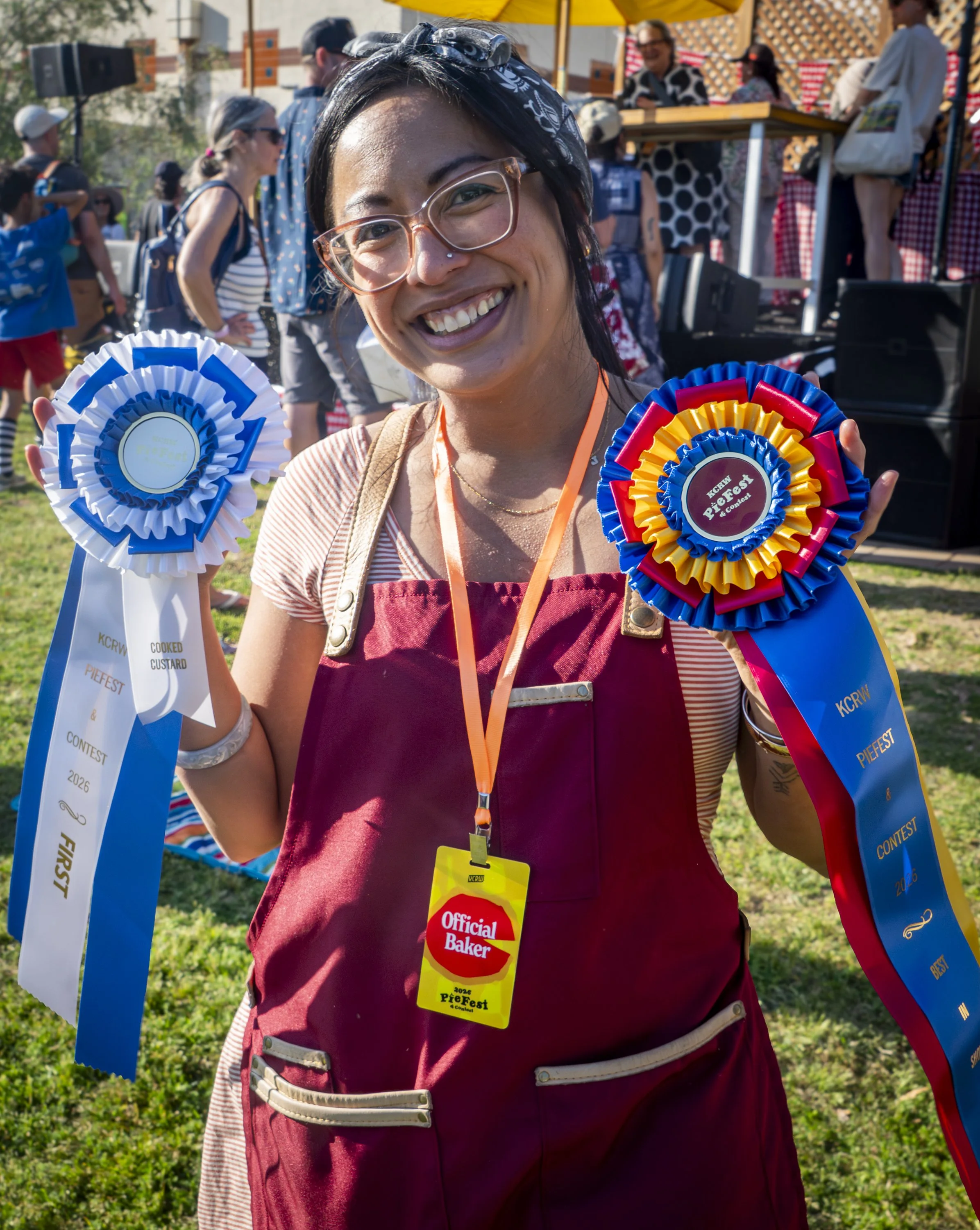  Professional baker behind  SugerPop 55 Jasmine Corpuz of Gendale wins the 12th annual KCRW Pie Fest & Contest for First Place Cooked Custard & Best In Show with her Ube Blueberry Pie at the Autry Museum in Giffith Park, Los Angeles Calif., Saturday,
