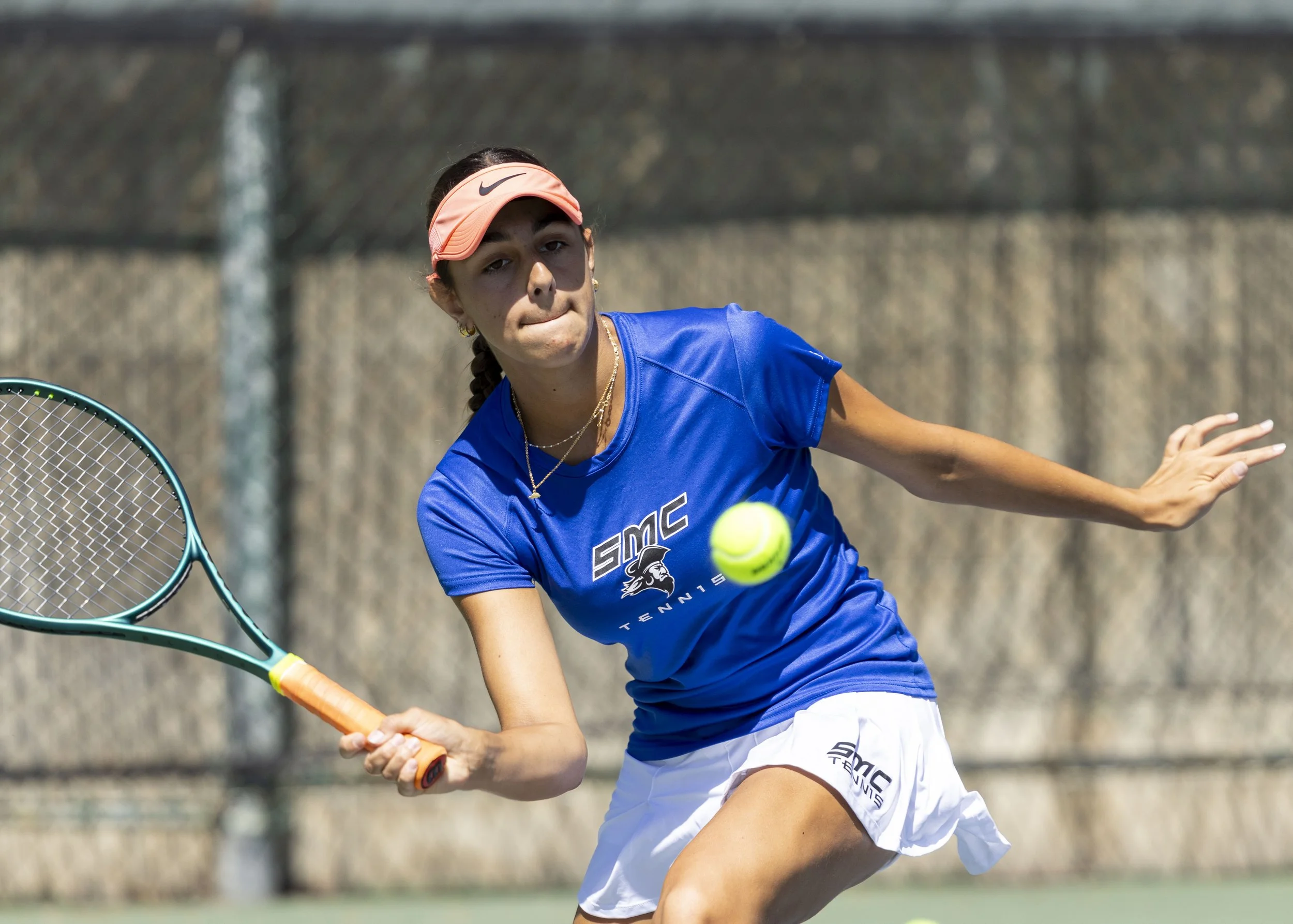  The Corsair, Santa Monica College (SMC) women’s tennis team player Zoe Allais played in the women’s tennis match against the Canyons College team at Ocean View Park in Santa Monica, Calif., on Tuesday, Mar 17, 2026. The Corsair lost the game 3-6. (M