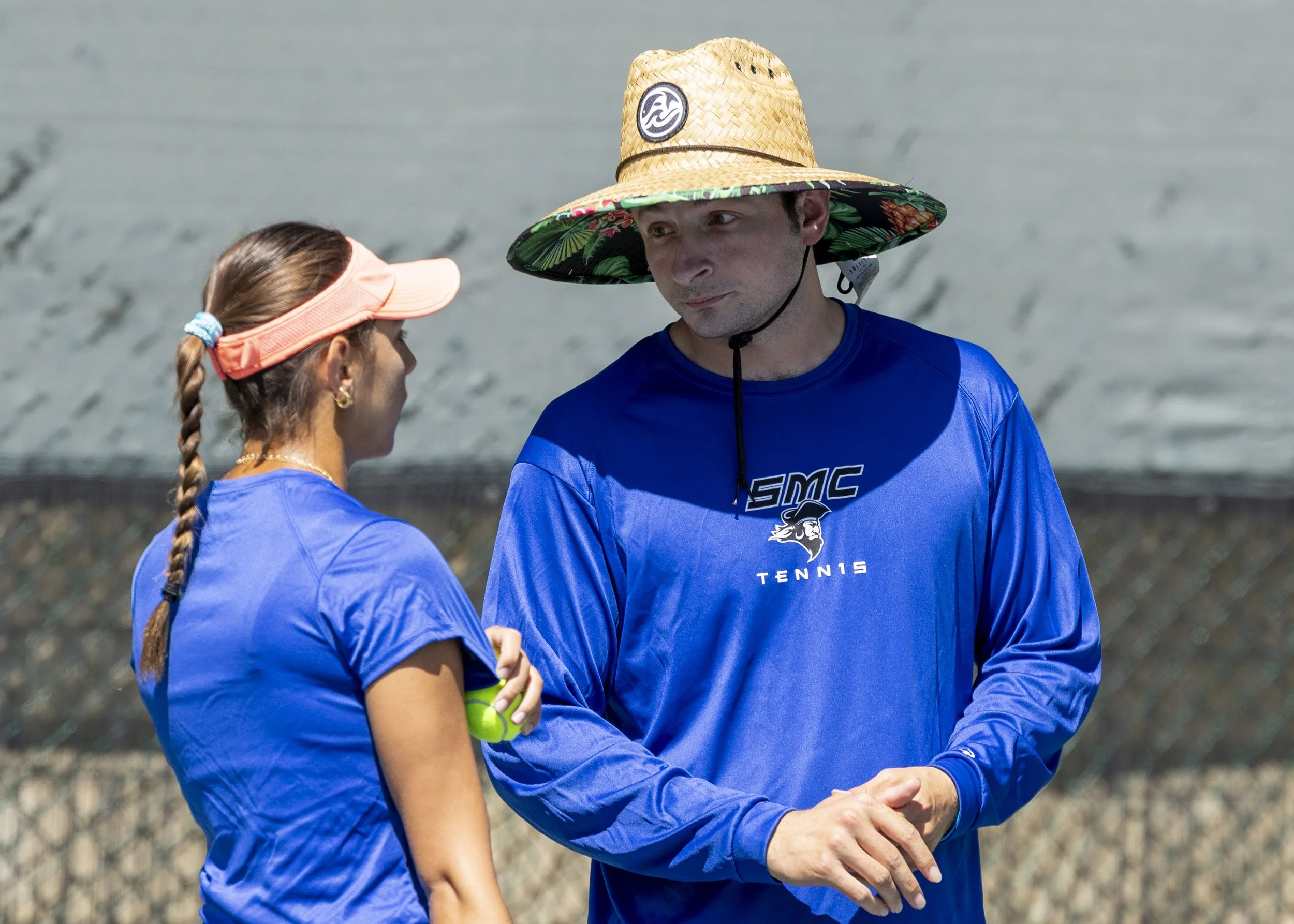  The Corsair, Santa Monica College (SMC) women’s tennis team player Zoe Allais (L)and SMC women’s tennis  Coach played in the women’s tennis match against the Canyons College team at Ocean View Park in Santa Monica, Calif., on Tuesday, Mar 17, 2026. 